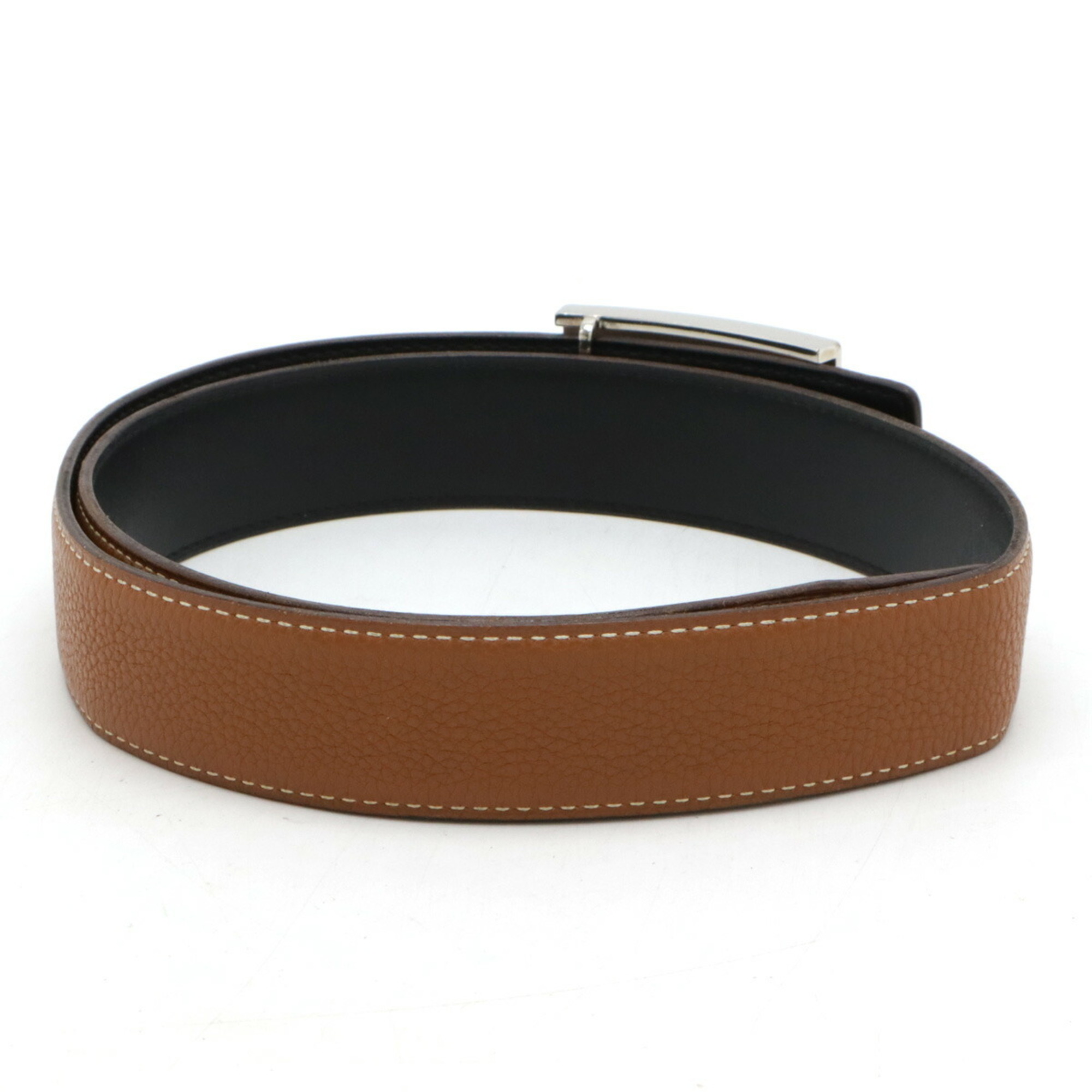 HERMES Lucky Metal H Belt, Reversible Leather, Light Brown, Black, #75, Stamp