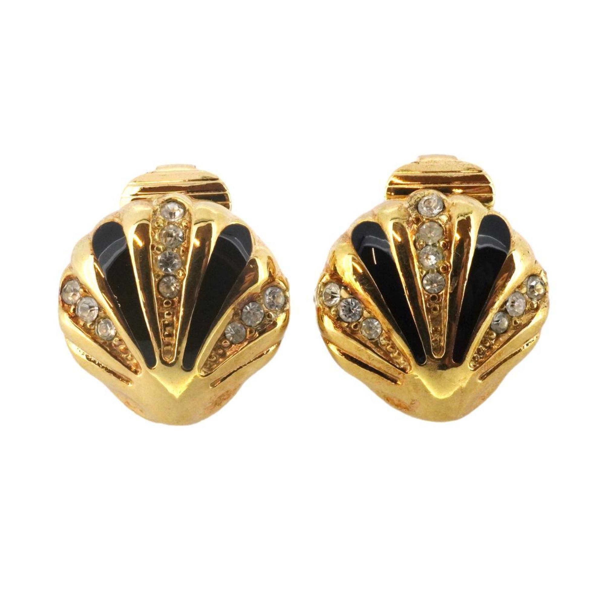 Christian Dior Earrings, Shell Motif, Rhinestone, GP Plated, Gold, Black, Women's