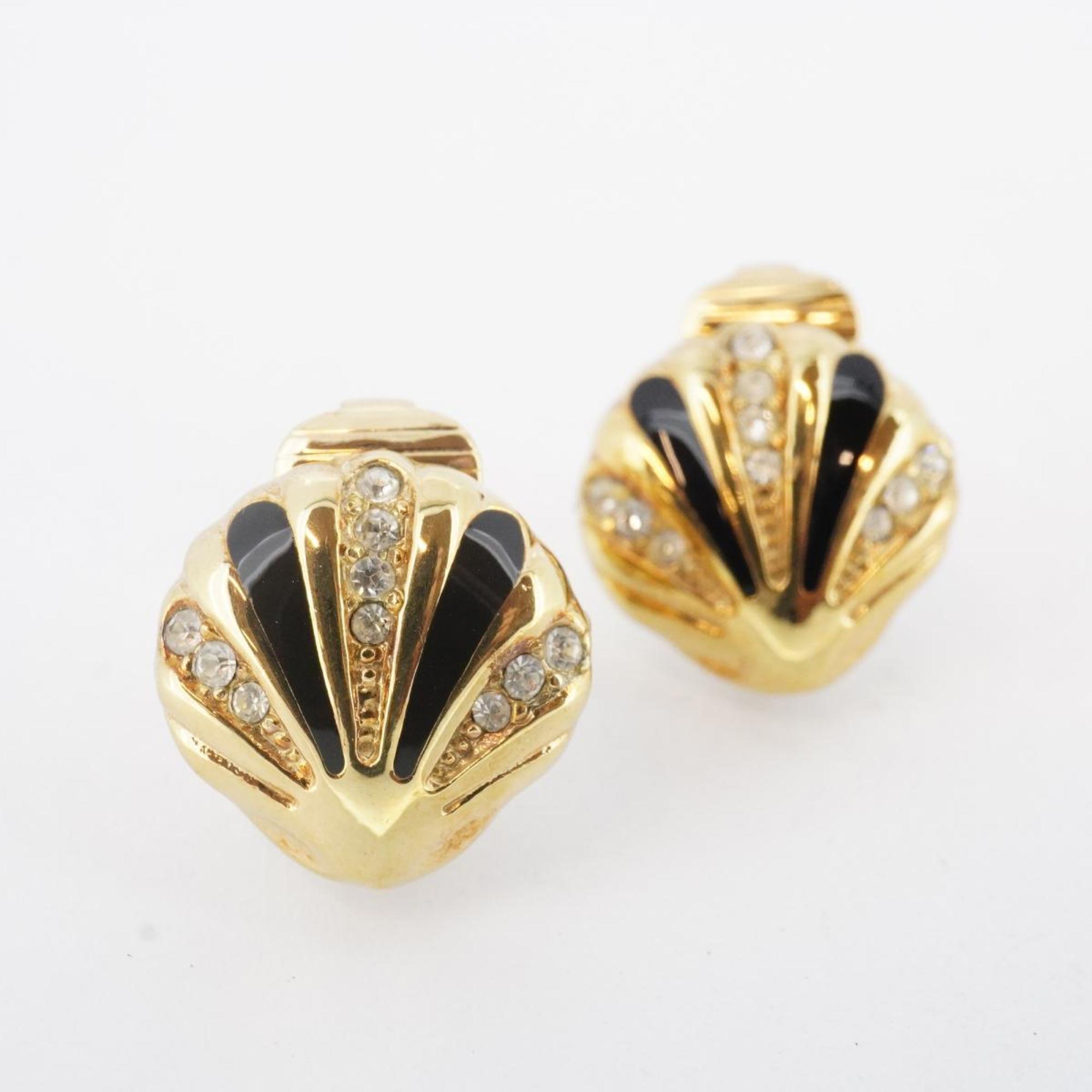 Christian Dior Earrings, Shell Motif, Rhinestone, GP Plated, Gold, Black, Women's