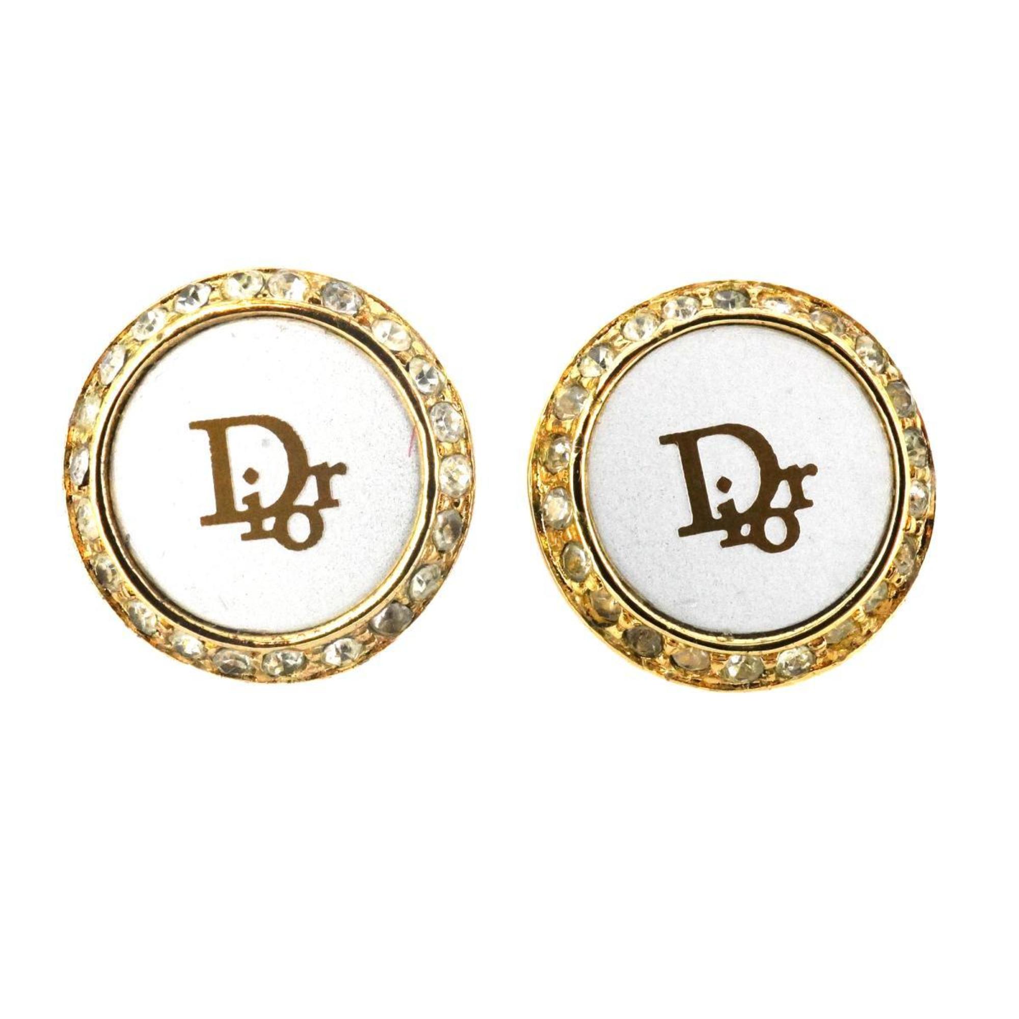 Christian Dior Earrings Circle Rhinestone GP Plated Gold Women's