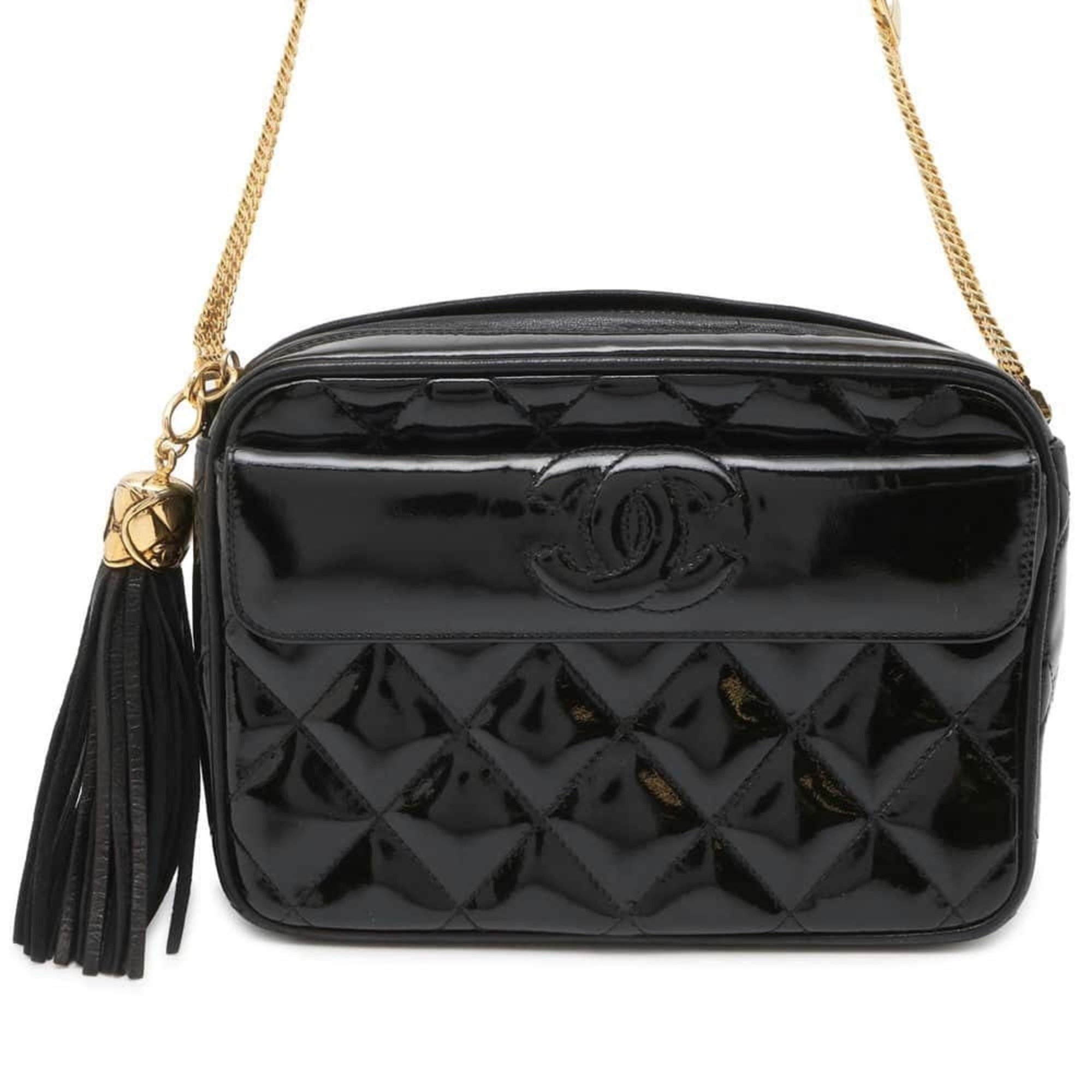 Chanel Chain Shoulder Bag Matelasse Coco Mark Tassel Patent CHANEL Black