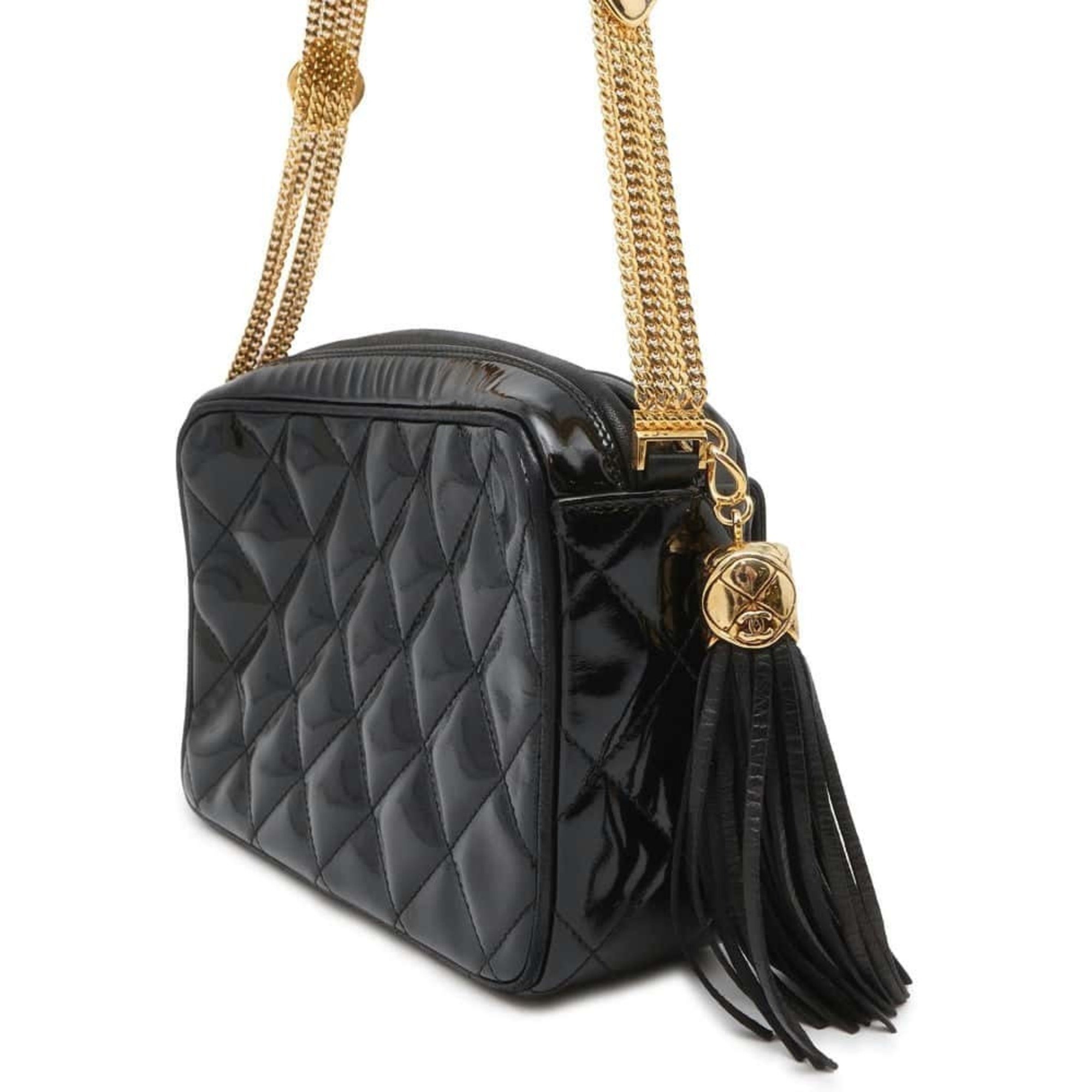 Chanel Chain Shoulder Bag Matelasse Coco Mark Tassel Patent CHANEL Black