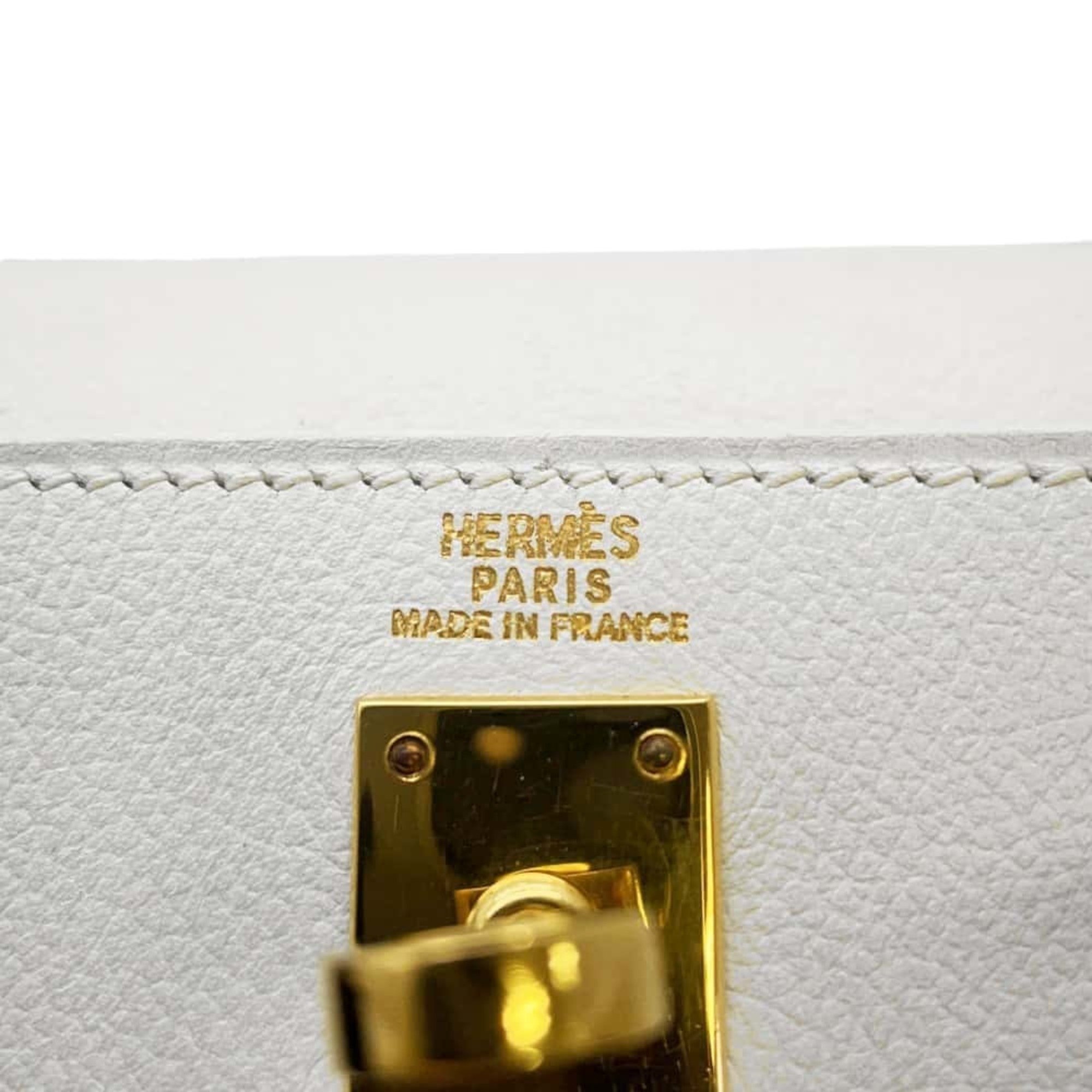 Hermes Kelly Outer Stitching Handbag Studs White Evergrain 〇X Stamp 2way Shoulder