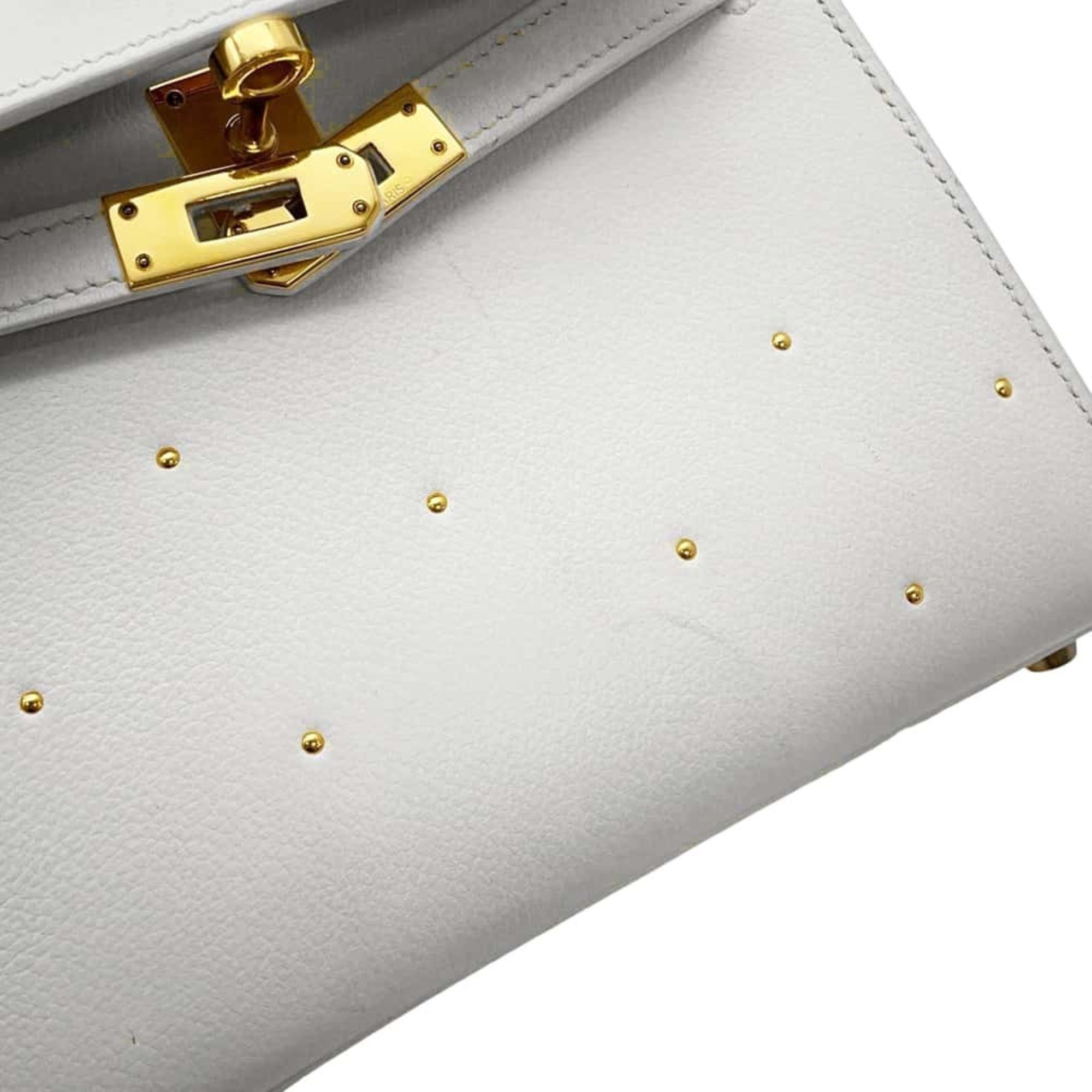 Hermes Kelly Outer Stitching Handbag Studs White Evergrain 〇X Stamp 2way Shoulder