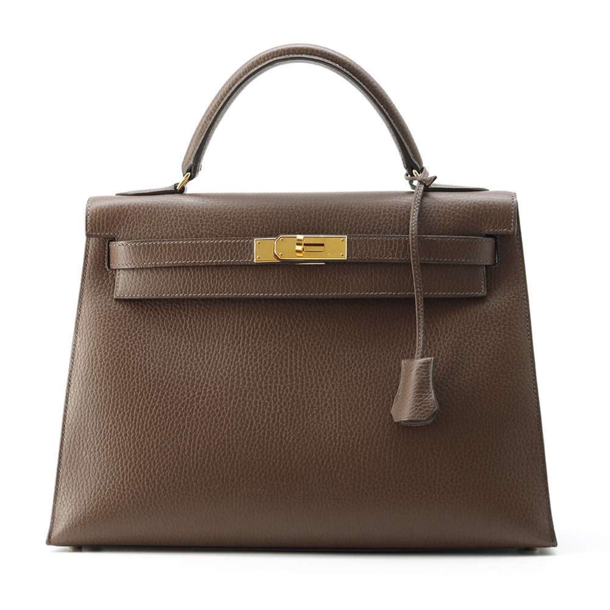 Hermes handbag Kelly 32, outside stitching, Marron Fonce Ardennes, □B stamp, 2-way shoulder