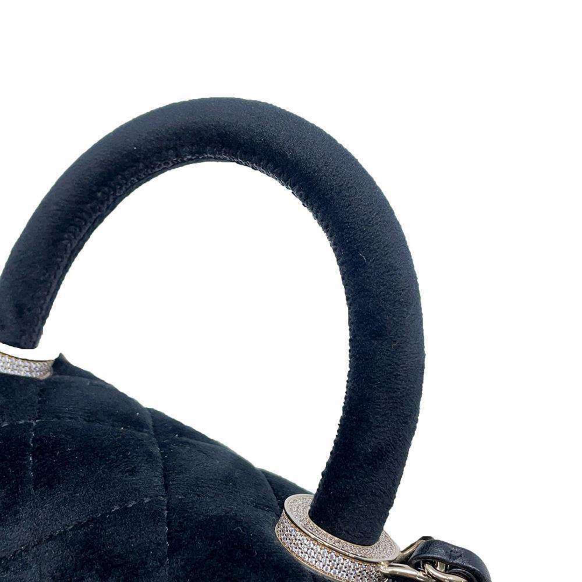 Chanel handbag, matelasse, coco mark, rhinestone, velvet, 2way shoulder bag, handle, black