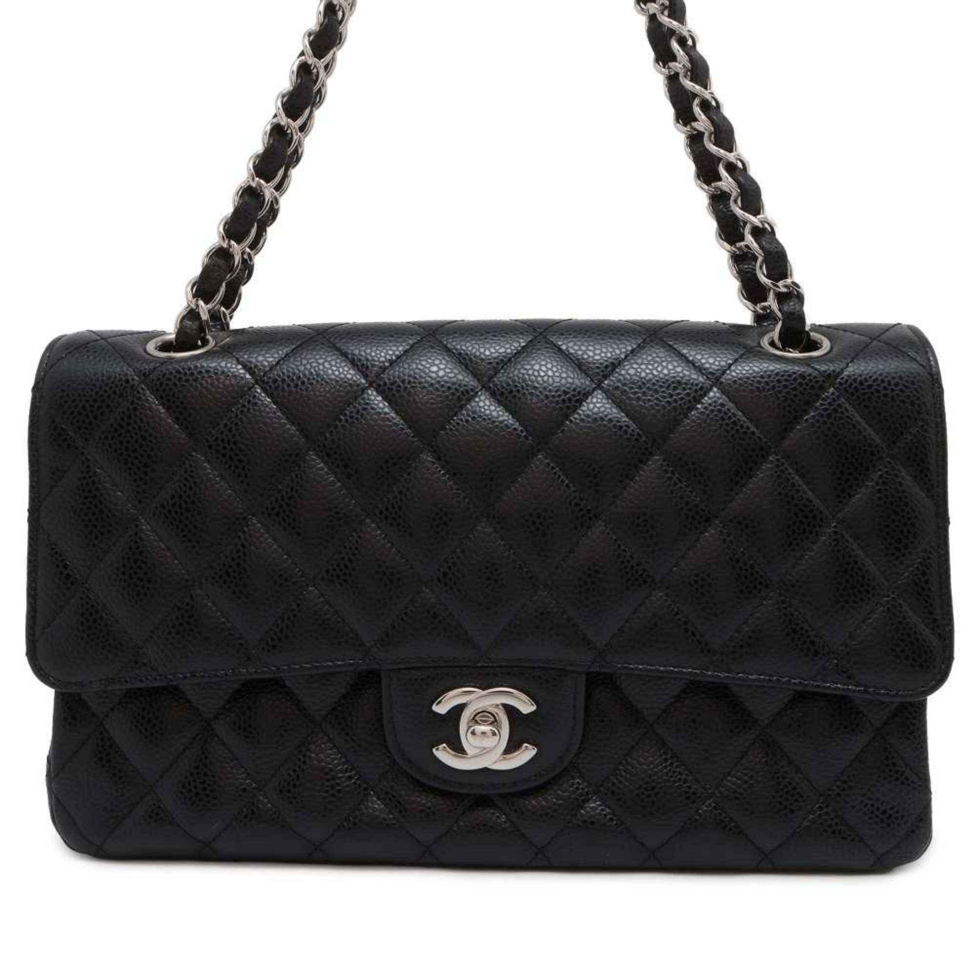 Chanel Chain Shoulder Bag Matelasse 25 Coco Mark Caviar Skin Double A01112 Black