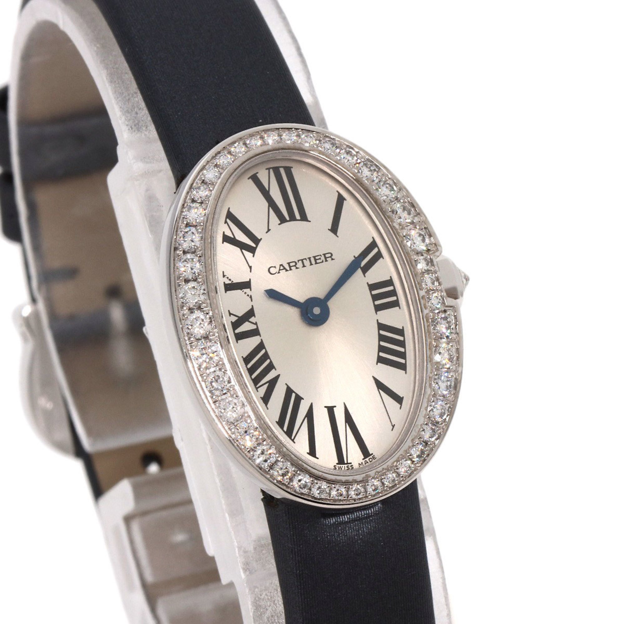 Cartier WB520027 Baignoire Watch, 18K White Gold, Leather, Diamonds, Women's CARTIER