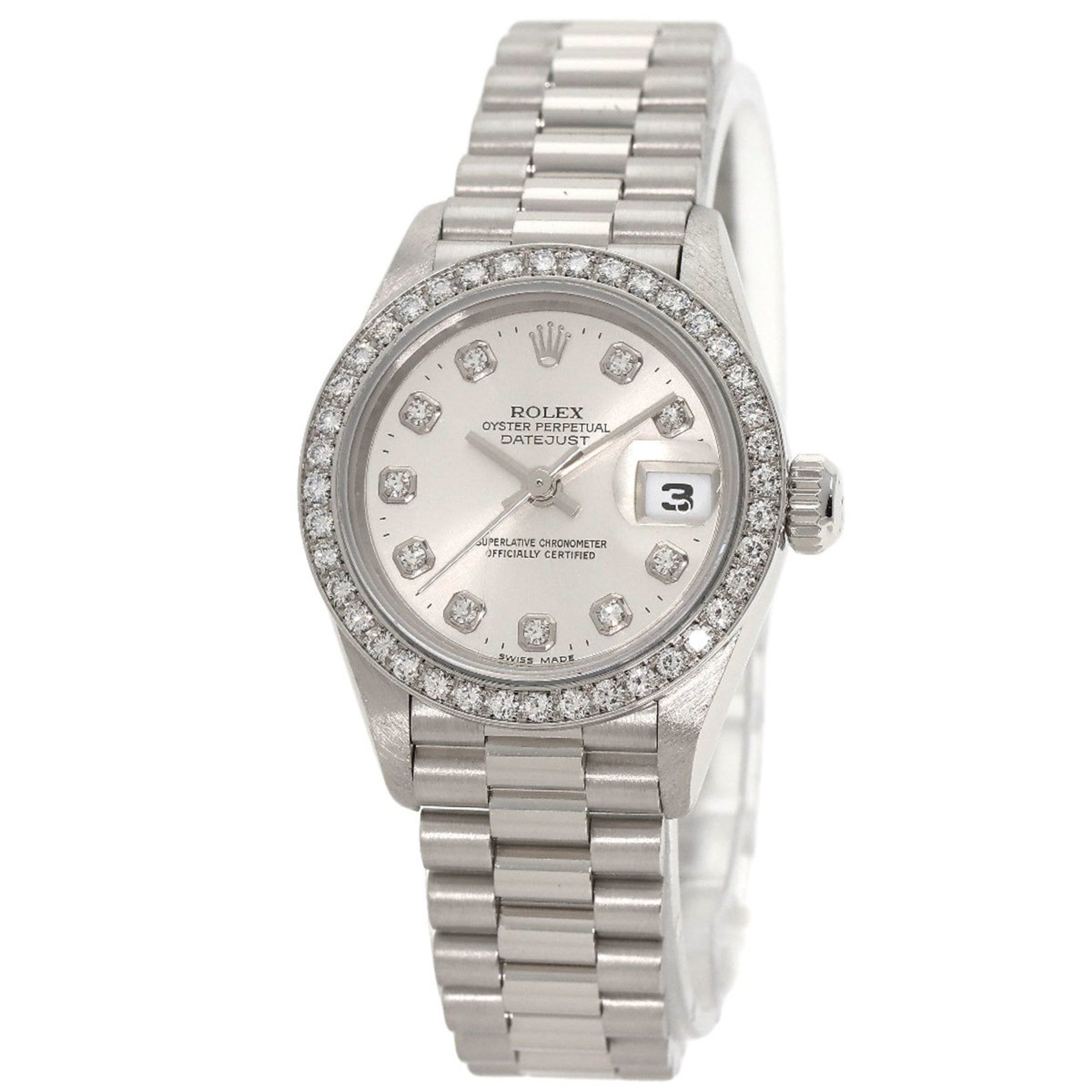 Rolex 69136G Datejust Bezel 10P Diamond Watch Platinum PT Ladies ROLEX