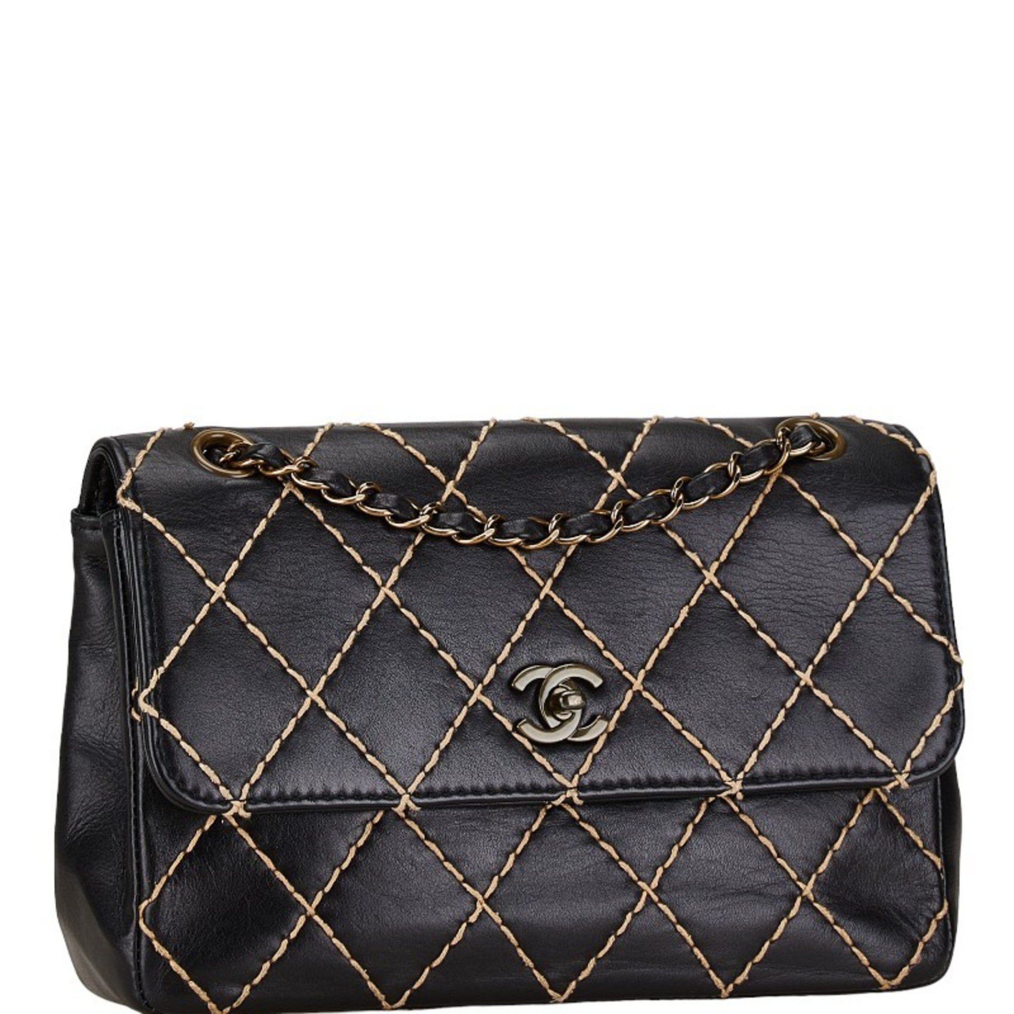 CHANEL Matelasse Wild Stitch Chain Shoulder Bag Black Leather Women's