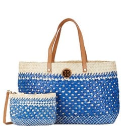 Tory Burch Tote Bag Blue Beige Raffia Leather Women's