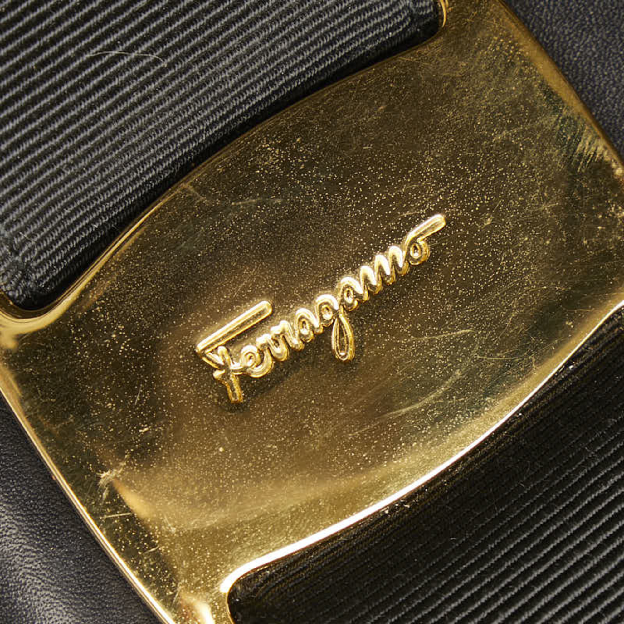 Salvatore Ferragamo Vara Ribbon Handbag Shoulder Bag Black Gold Leather Women's