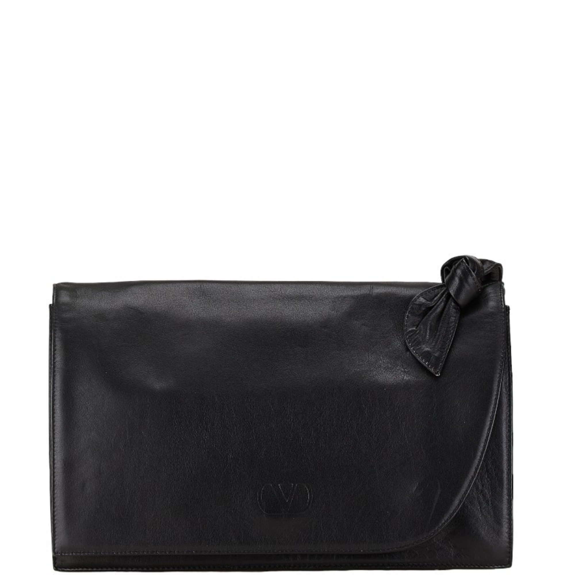 Valentino Bow Clutch Bag Second Black Leather Women's