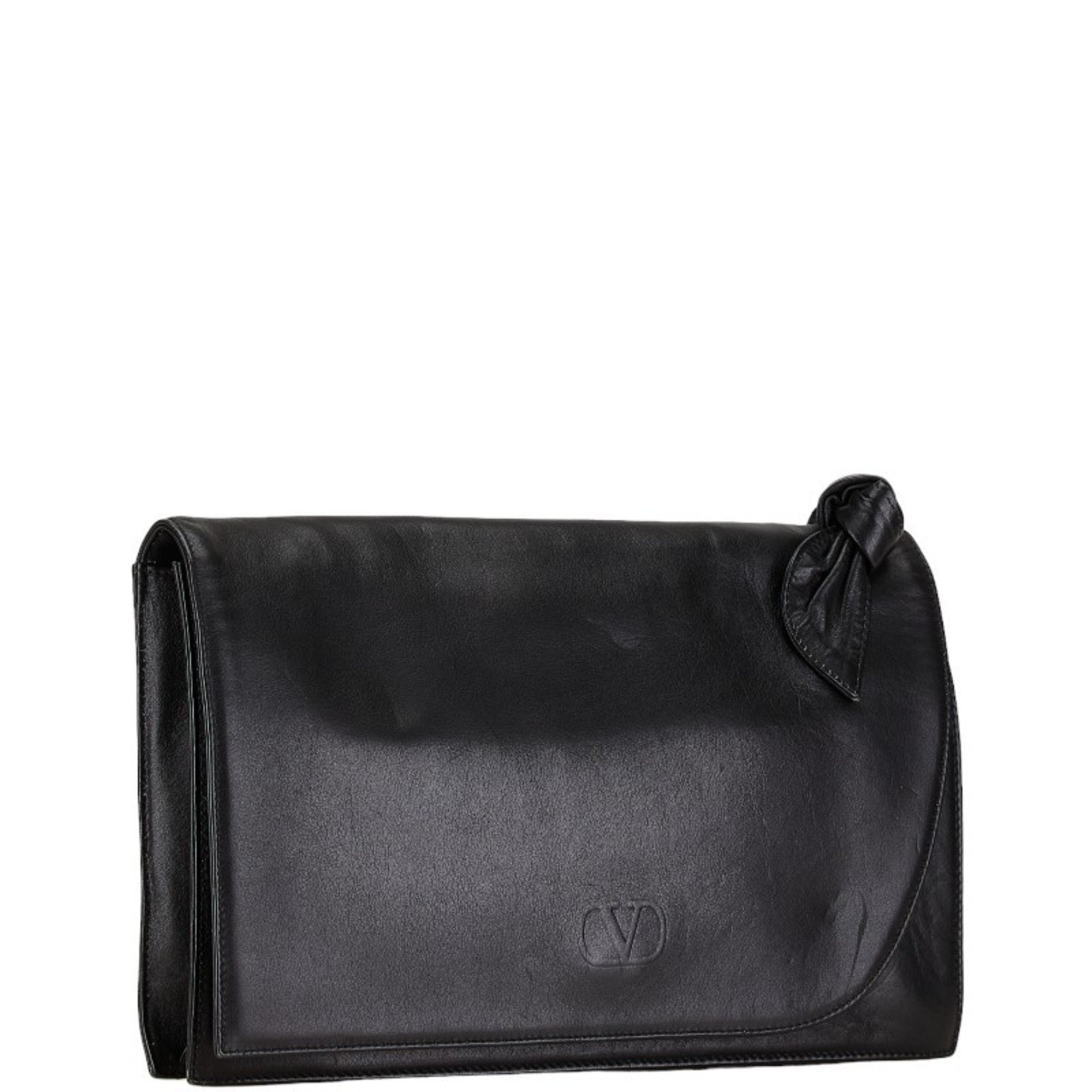 Valentino Bow Clutch Bag Second Black Leather Women's