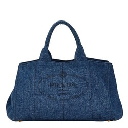 Prada Canapa L Triangle Plate Handbag Tote Bag B1872B Blue Denim Women's PRADA