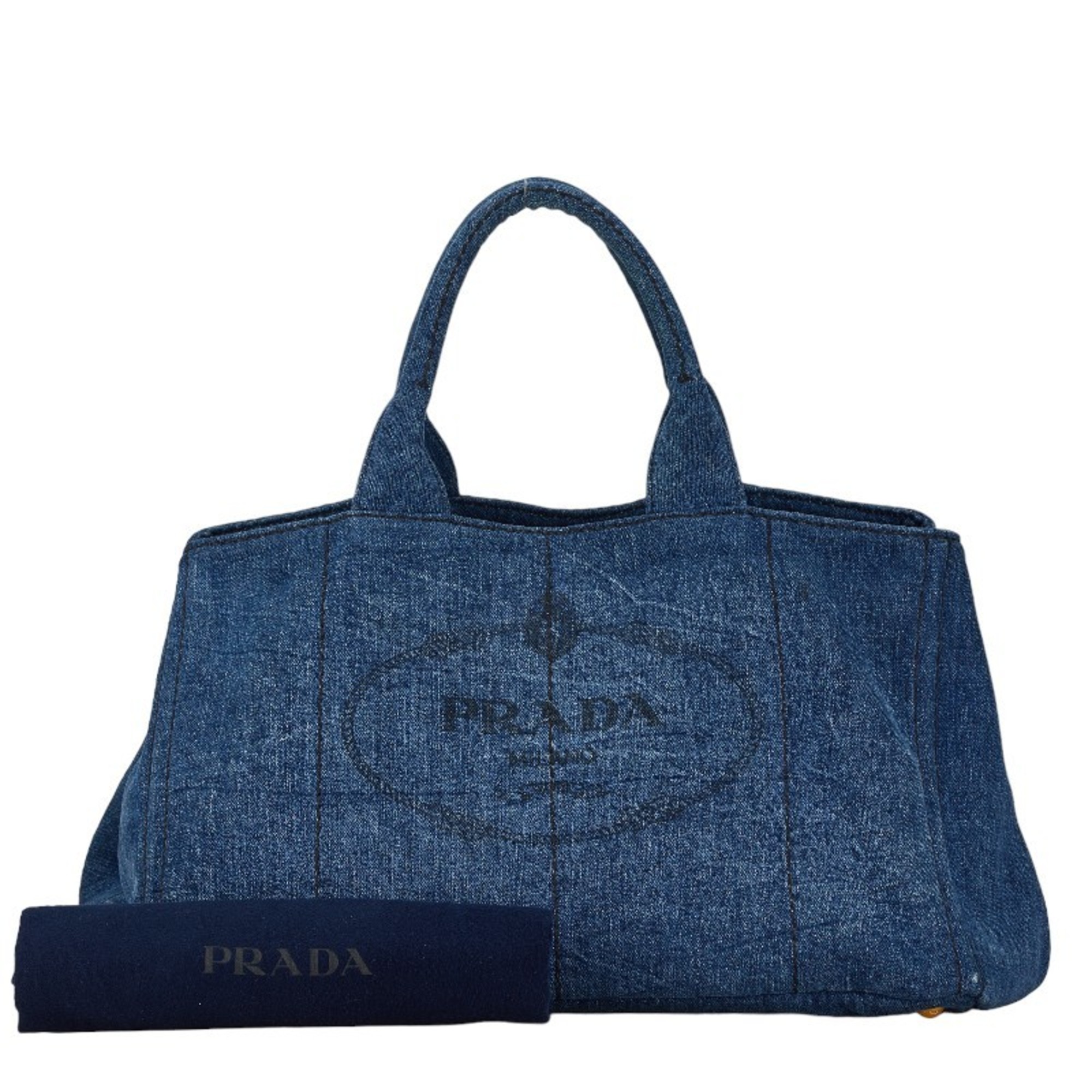 Prada Canapa L Triangle Plate Handbag Tote Bag B1872B Blue Denim Women's PRADA