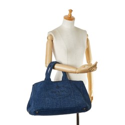 Prada Canapa L Triangle Plate Handbag Tote Bag B1872B Blue Denim Women's PRADA