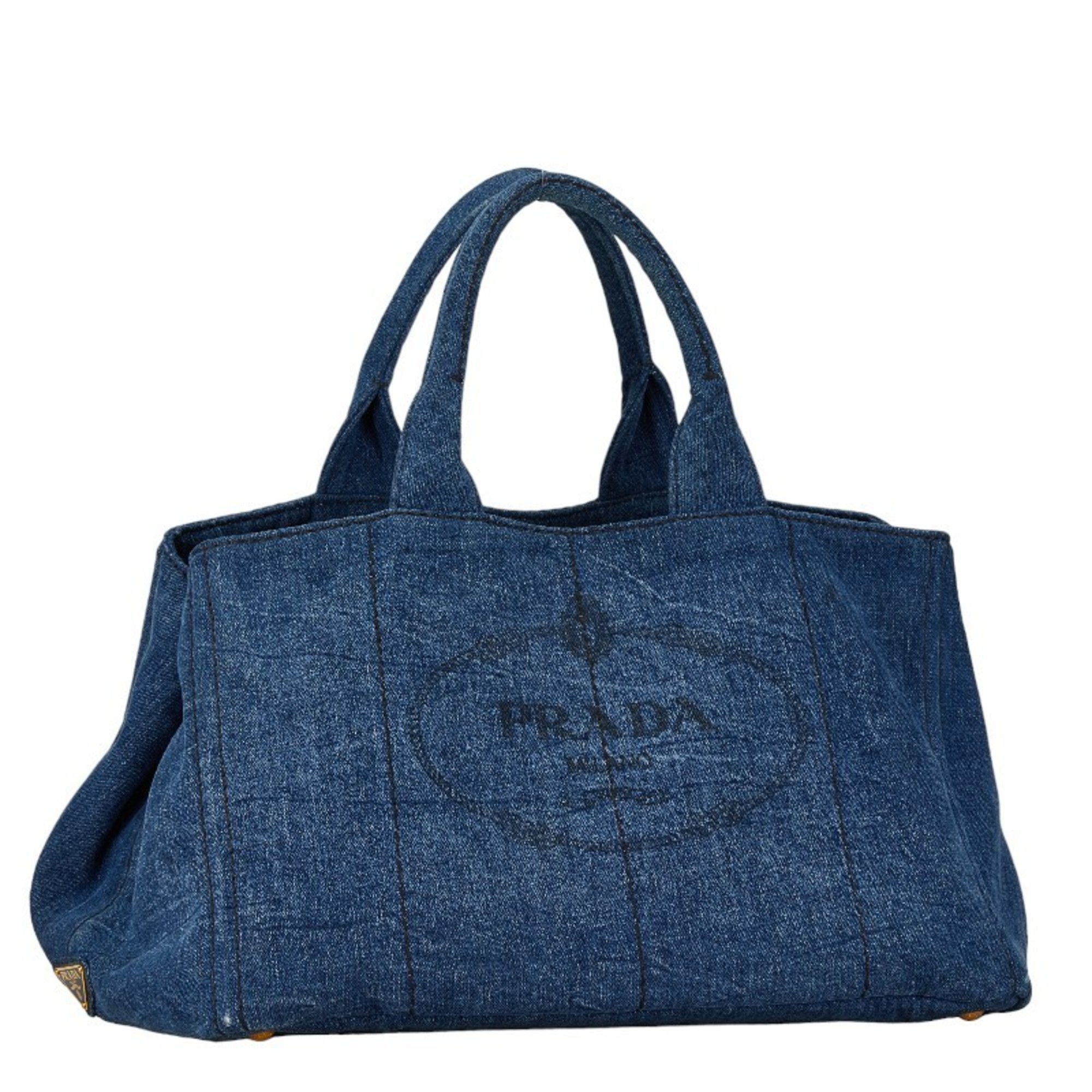 Prada Canapa L Triangle Plate Handbag Tote Bag B1872B Blue Denim Women's PRADA