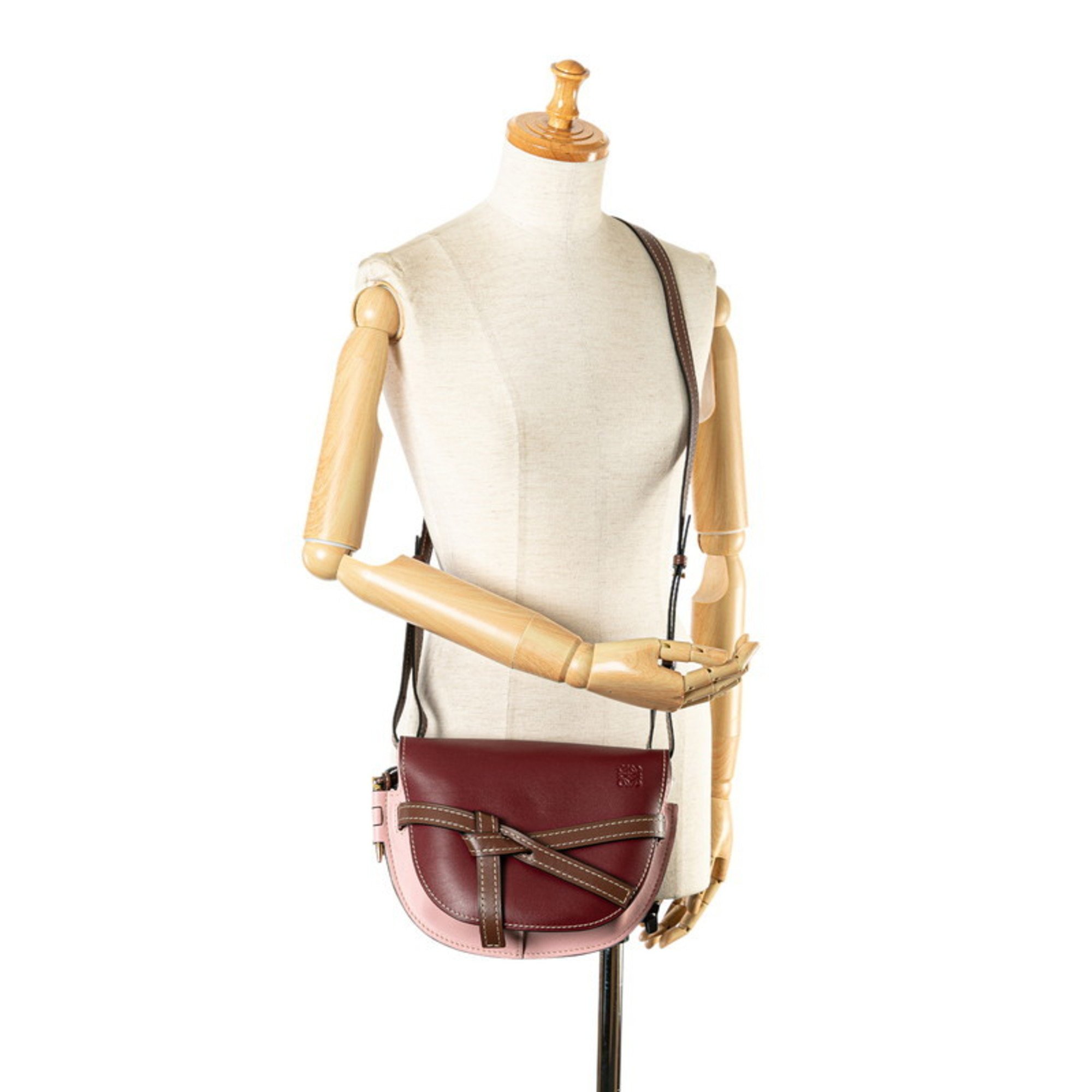 LOEWE Anagram Gate Shoulder Bag Pink Wine Red Brown Leather Women's