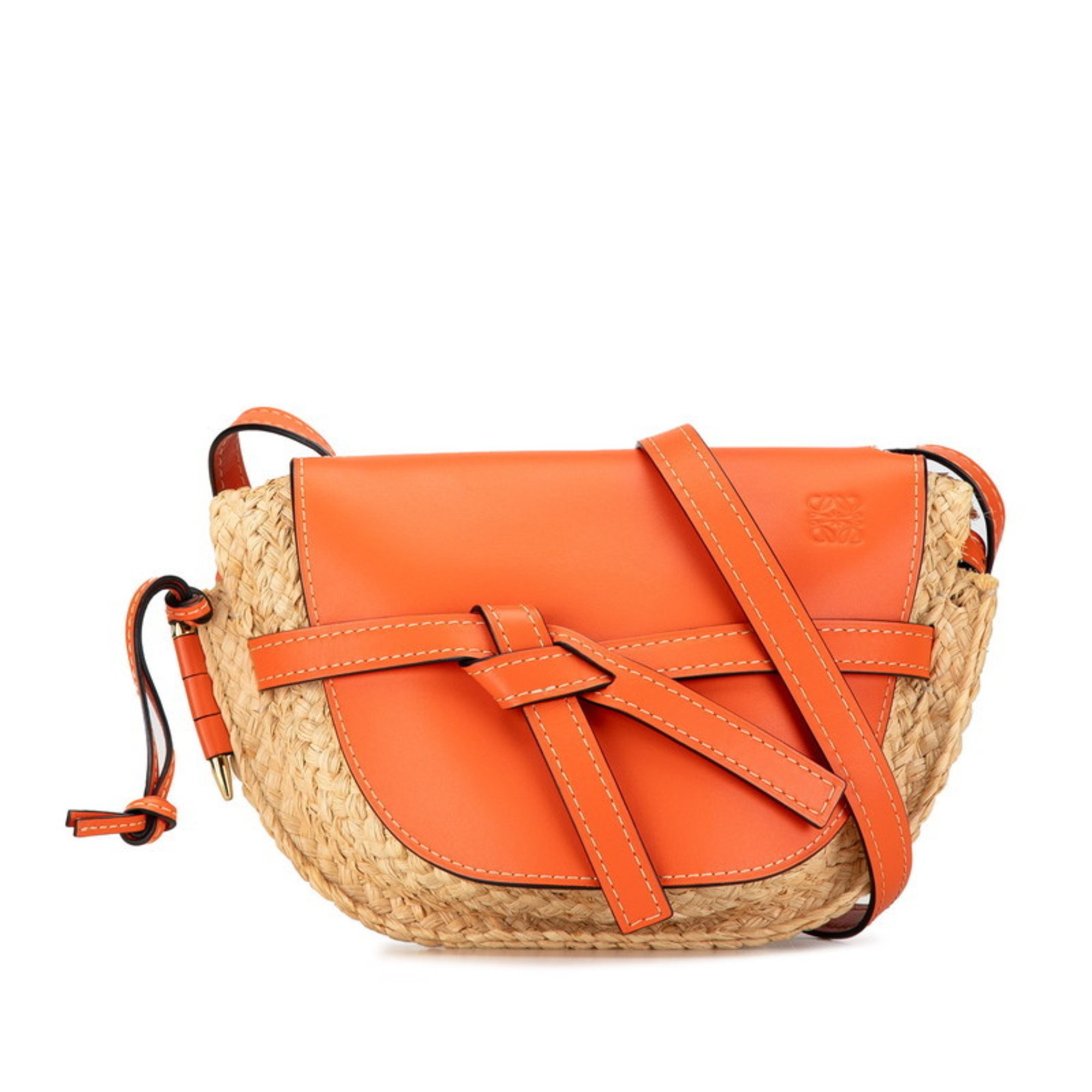 LOEWE Anagram Gate Shoulder Bag Beige Orange Raffia Leather Women's