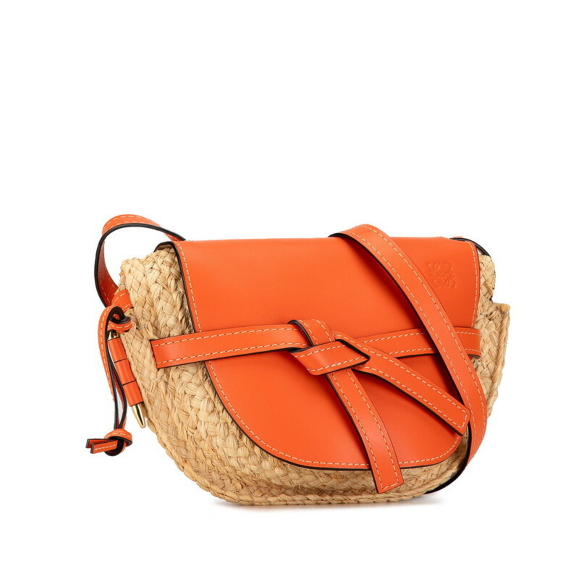 LOEWE Anagram Gate Shoulder Bag Beige Orange Raffia Leather Women's