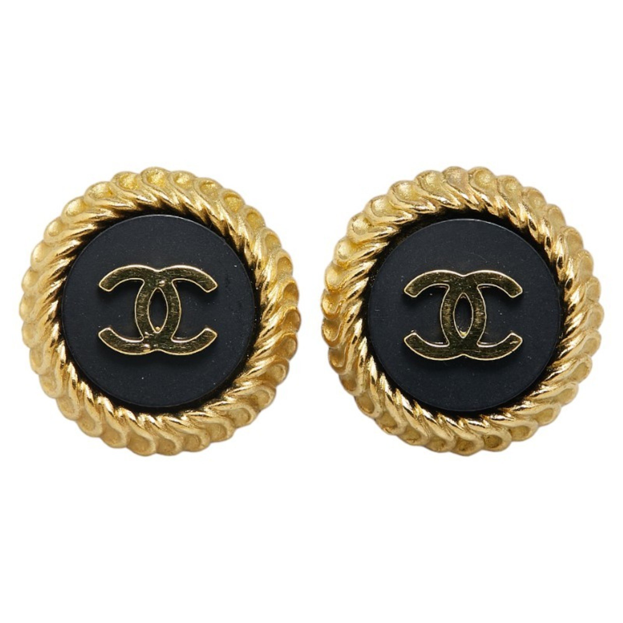 Chanel Coco Mark Earrings Gold Black Plated Plastic Women's CHANEL