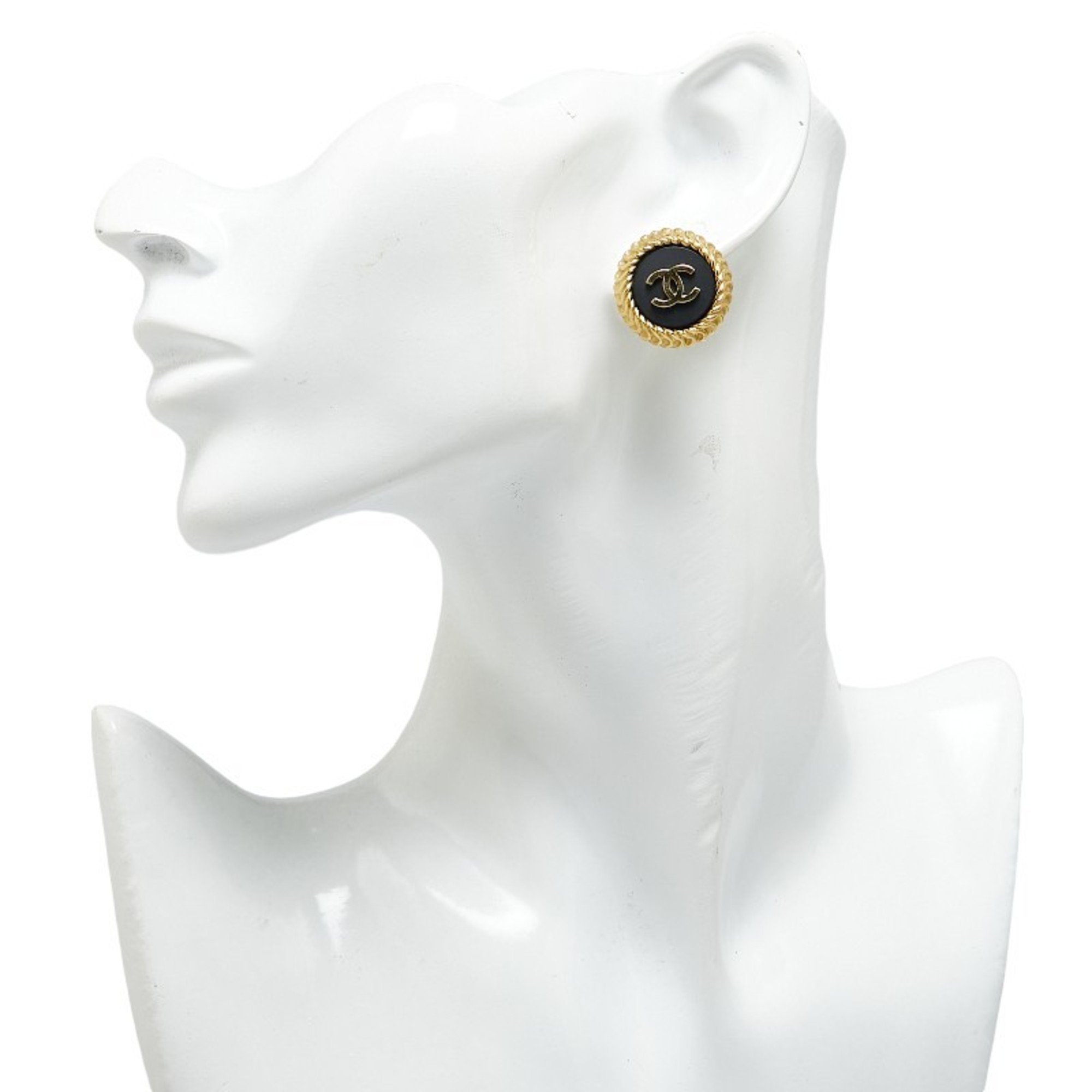 Chanel Coco Mark Earrings Gold Black Plated Plastic Women's CHANEL