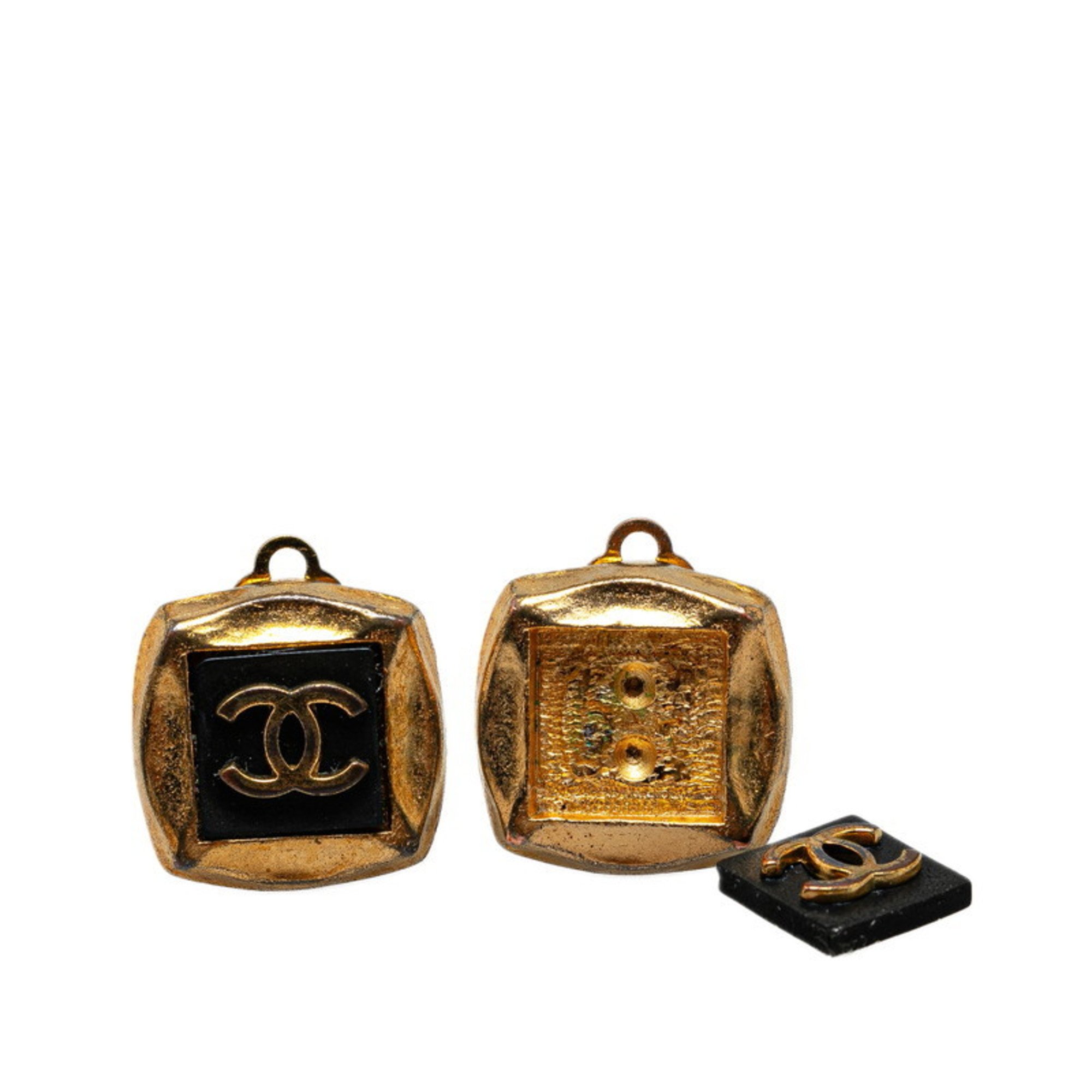 Chanel Coco Mark Earrings Gold Black Plated Women's CHANEL