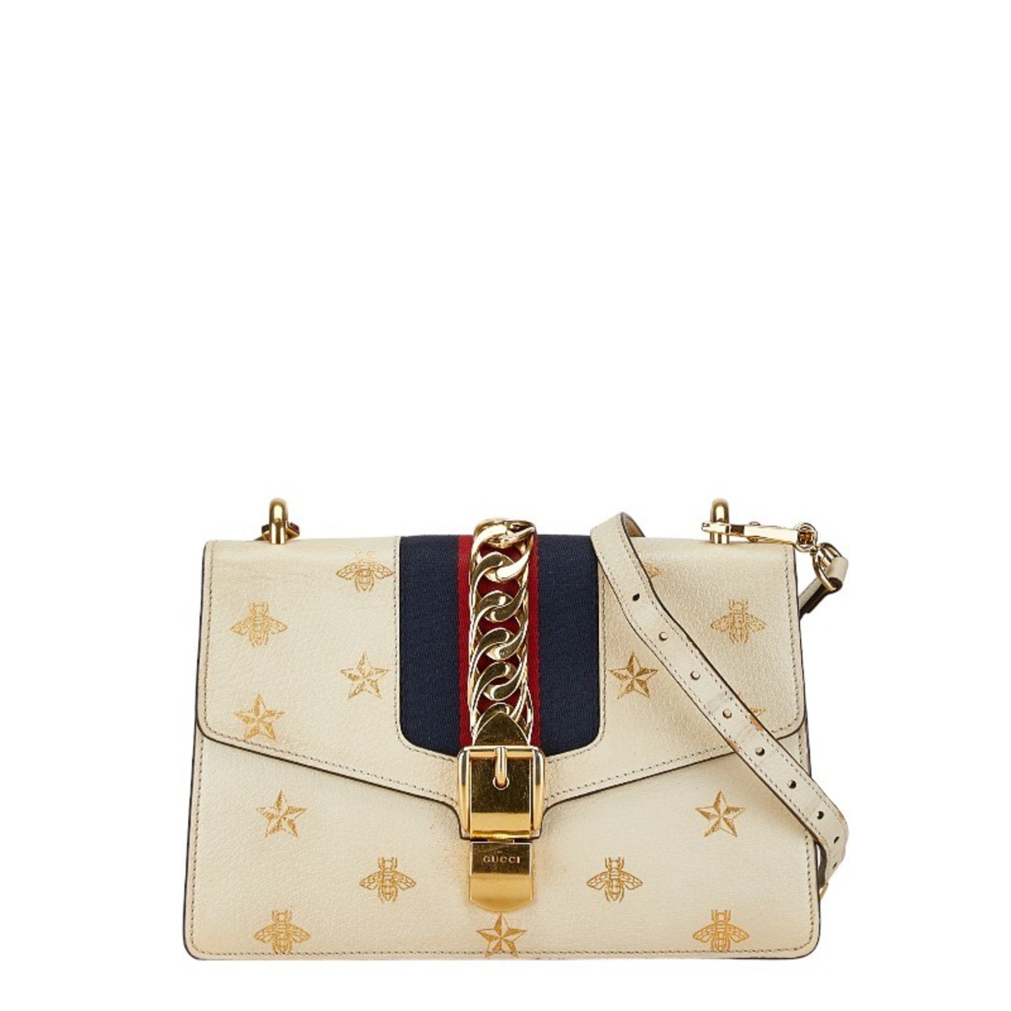 Gucci Sylvie Bee & Star Small Chain Shoulder Bag 524405 White Gold Leather Women's GUCCI