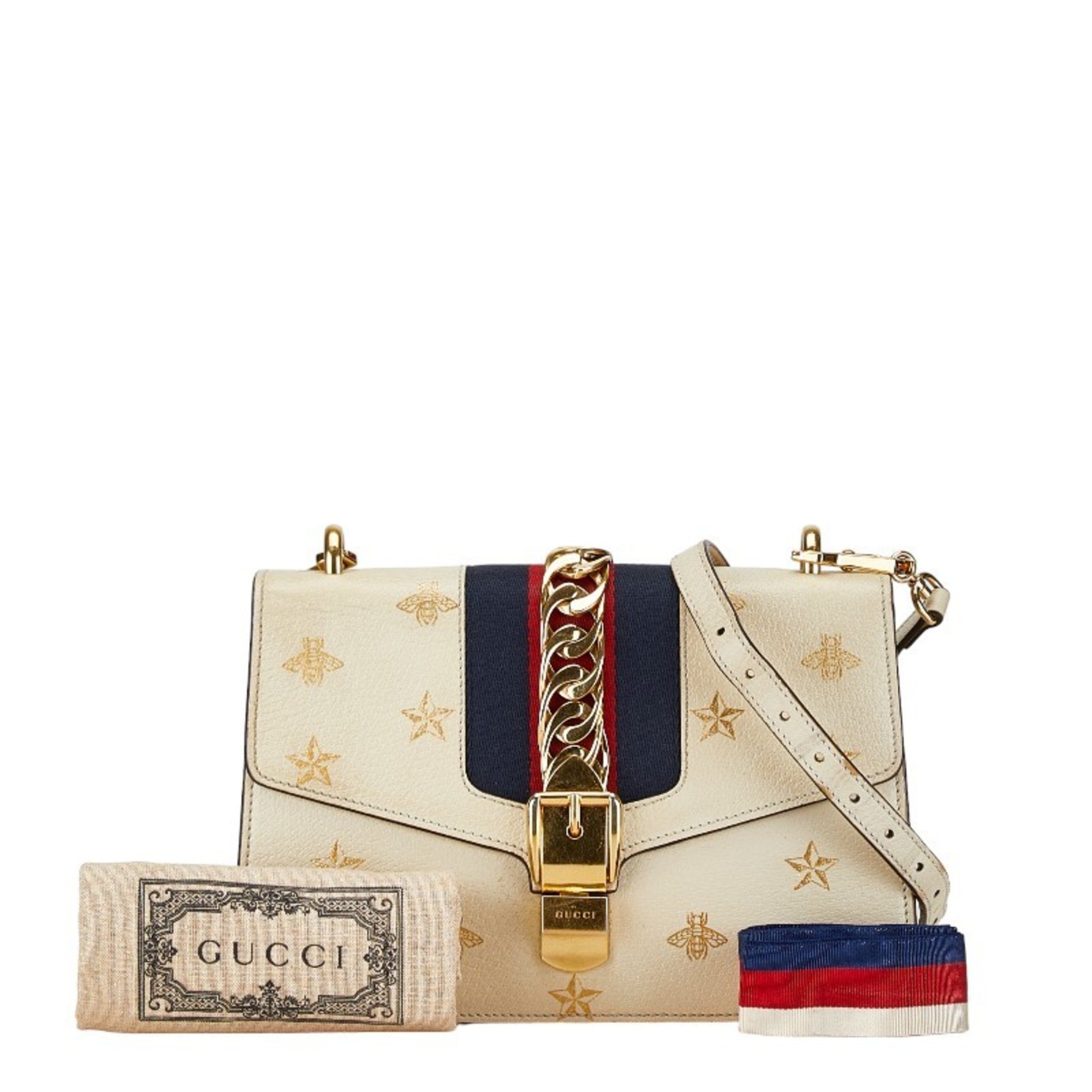 Gucci Sylvie Bee & Star Small Chain Shoulder Bag 524405 White Gold Leather Women's GUCCI