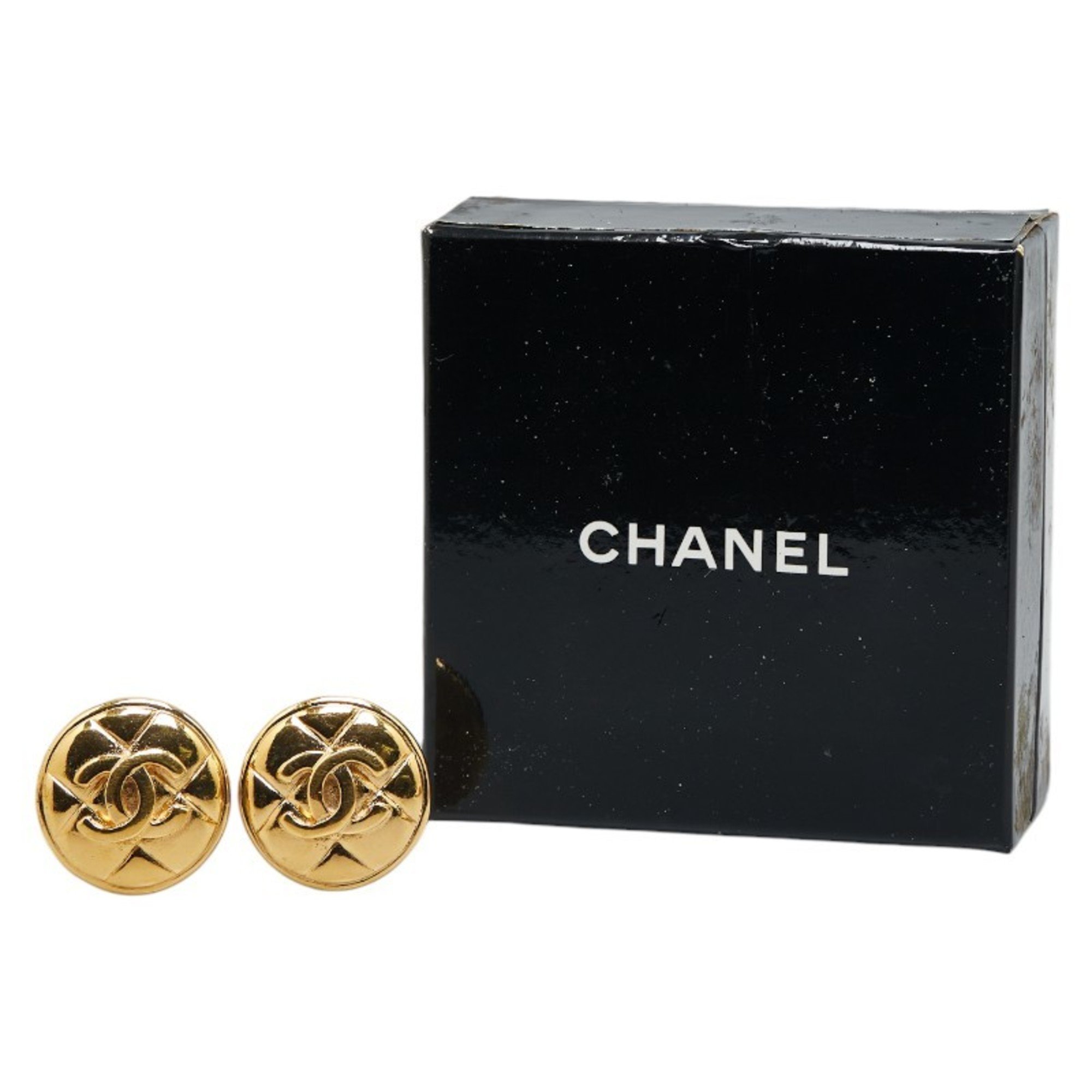 Chanel Coco Mark Matelasse Round Earrings Gold Plated Women's CHANEL