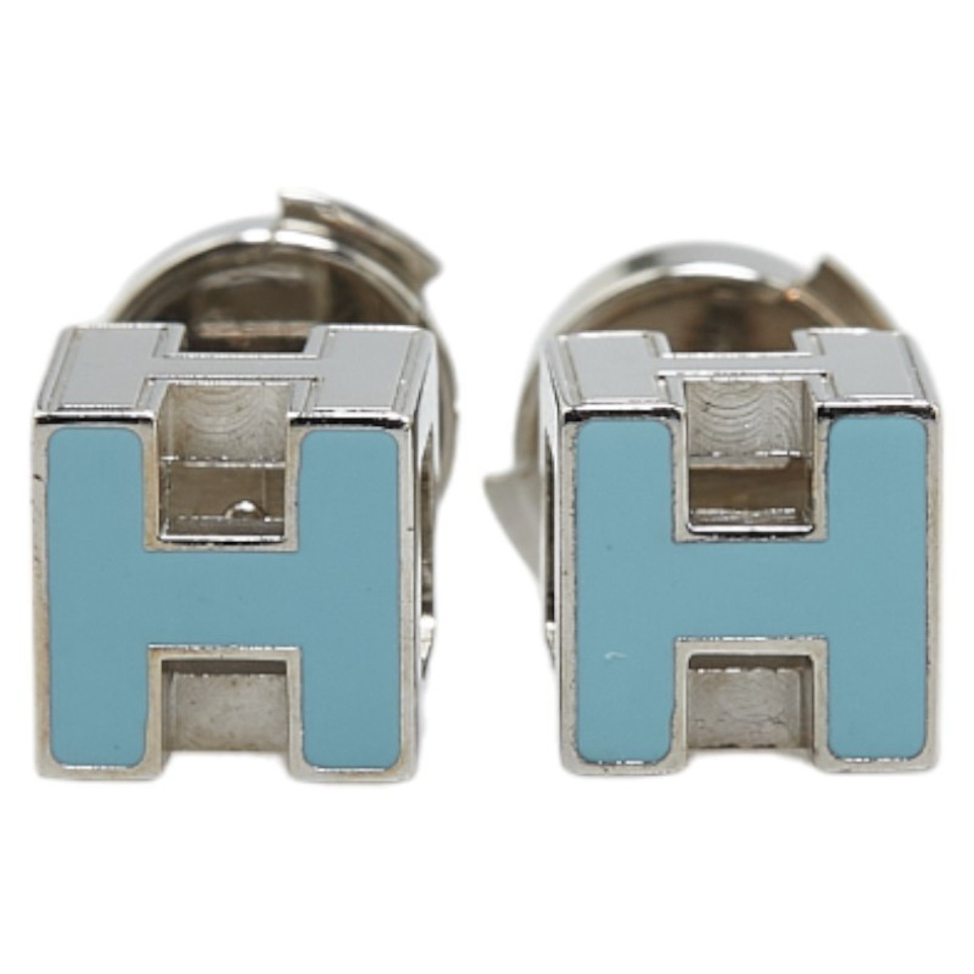 Hermes Cage d'Ache H Cube Earrings Silver Light Blue Metal Women's HERMES