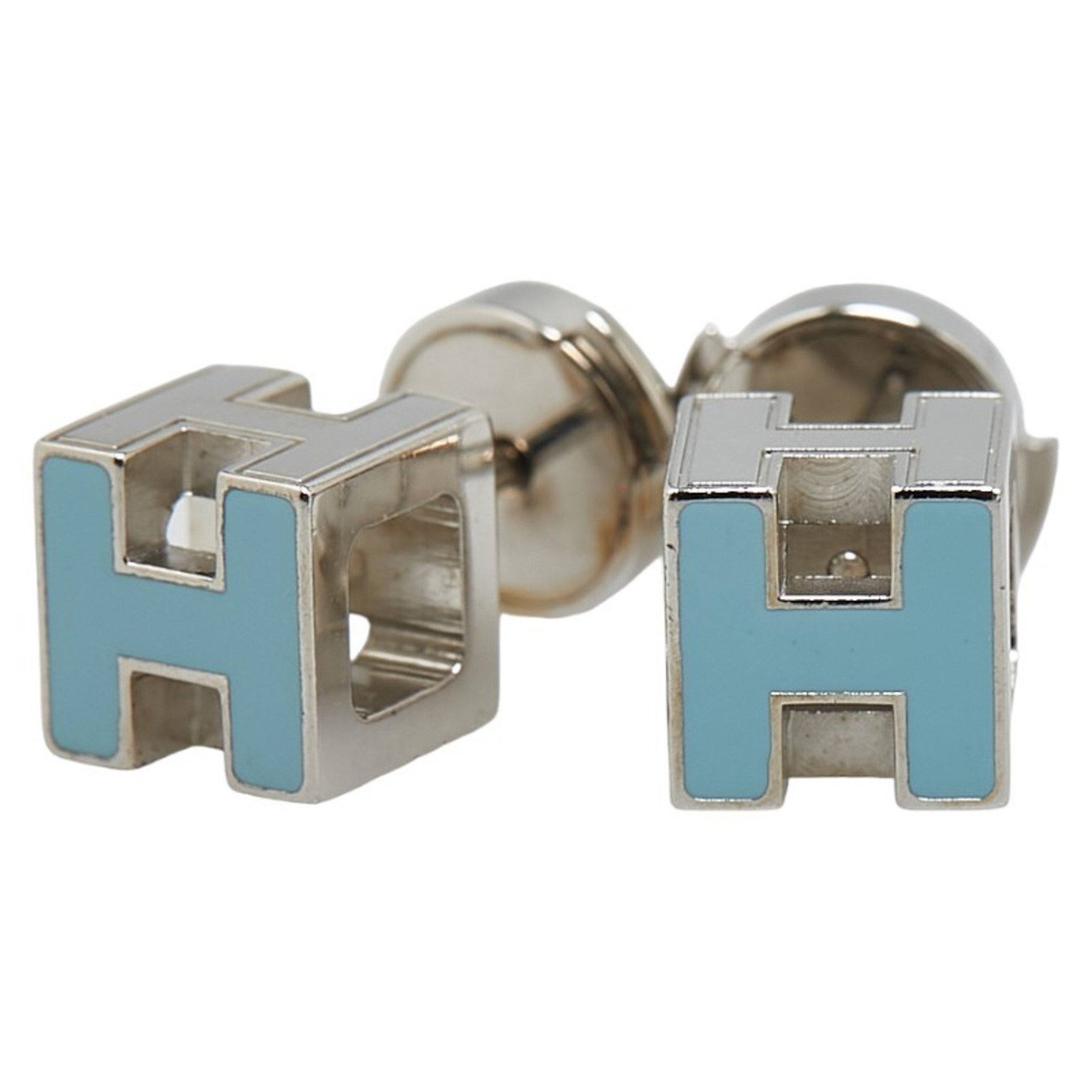 Hermes Cage d'Ache H Cube Earrings Silver Light Blue Metal Women's HERMES