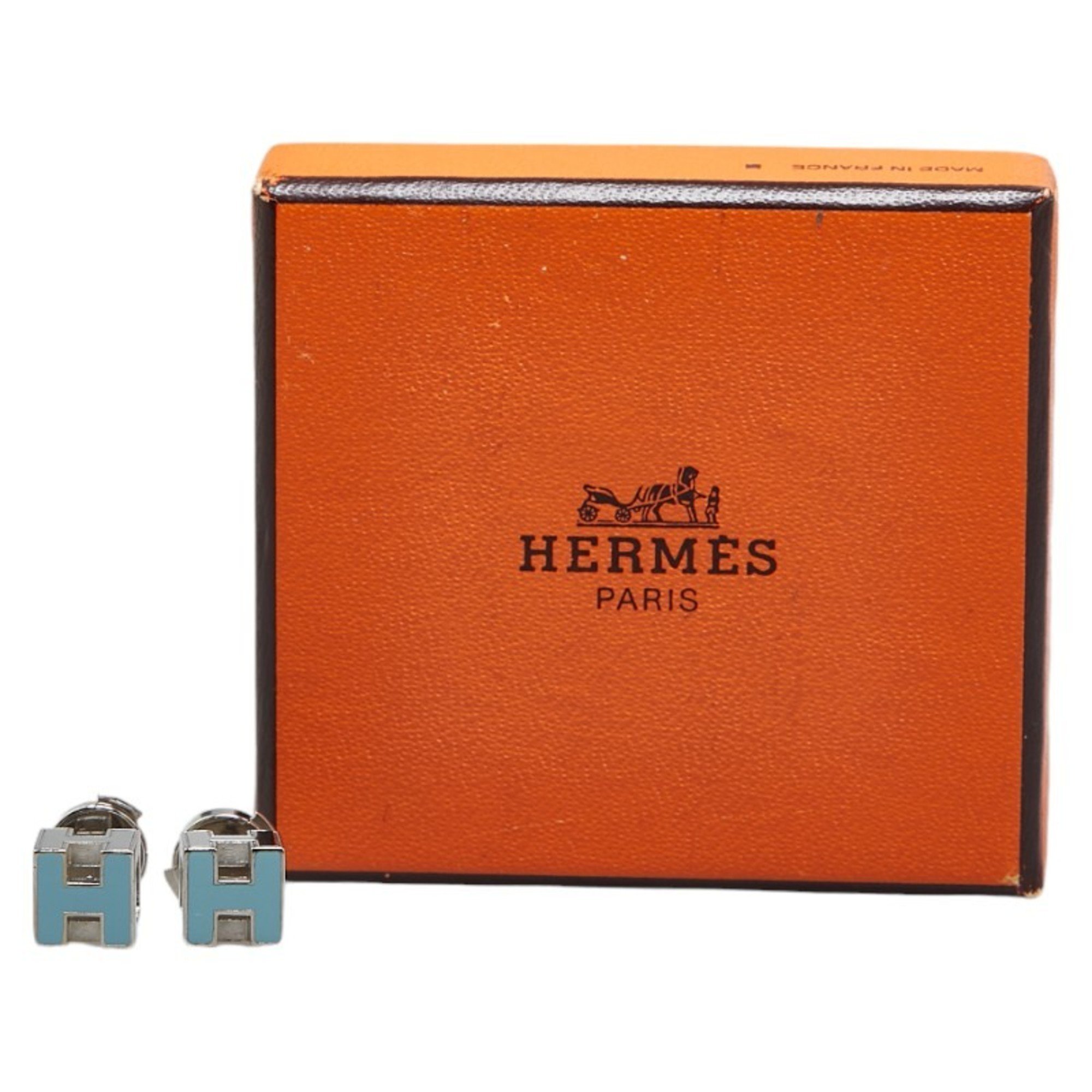 Hermes Cage d'Ache H Cube Earrings Silver Light Blue Metal Women's HERMES