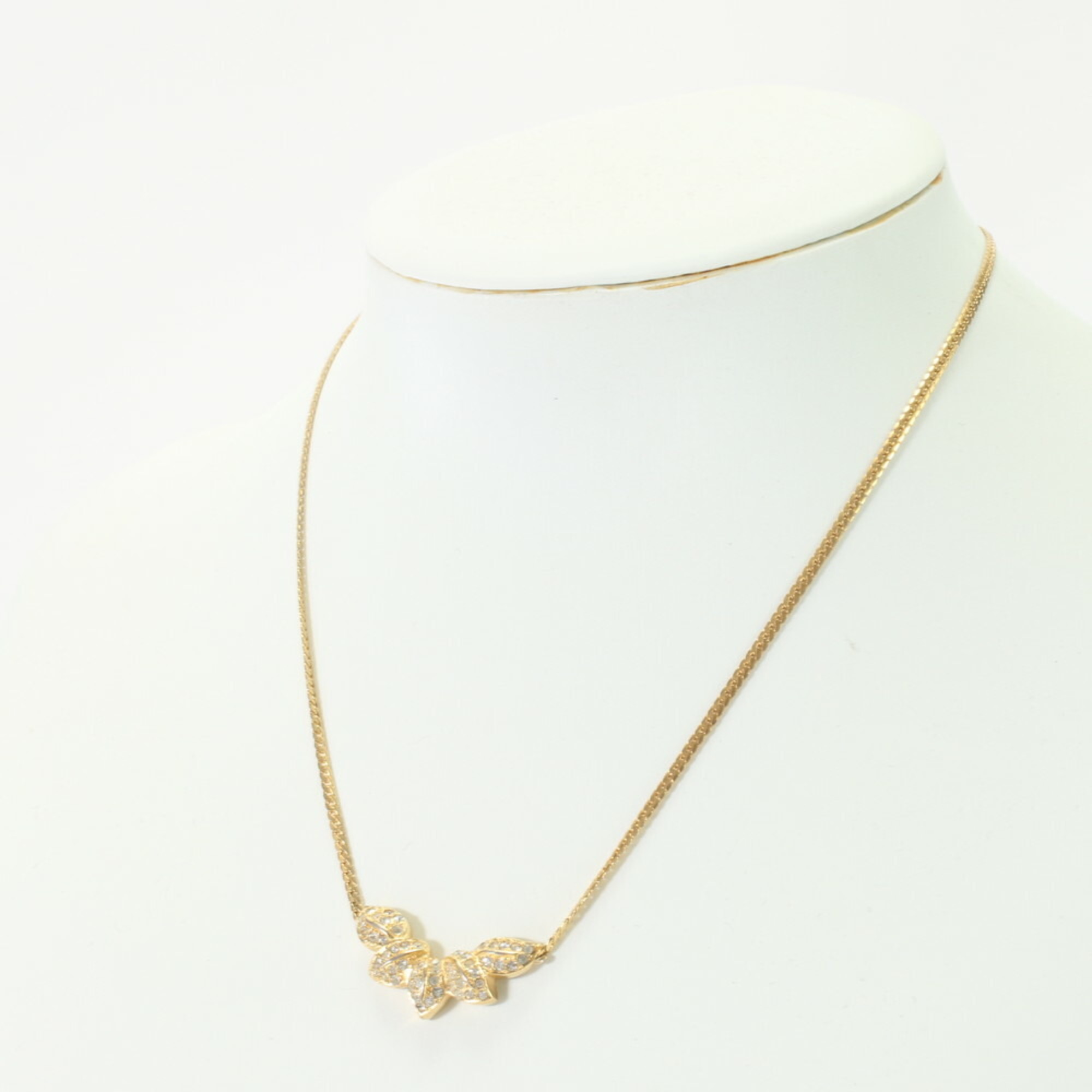 Christian Dior Leaf Motif Rhinestone Necklace Gold Women's EEM 0726-E8