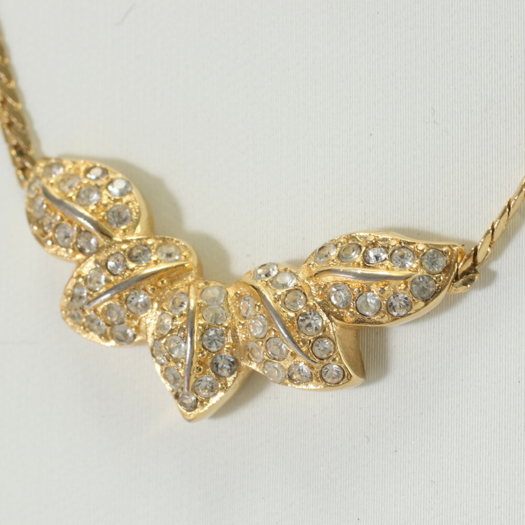 Christian Dior Leaf Motif Rhinestone Necklace Gold Women's EEM 0726-E8