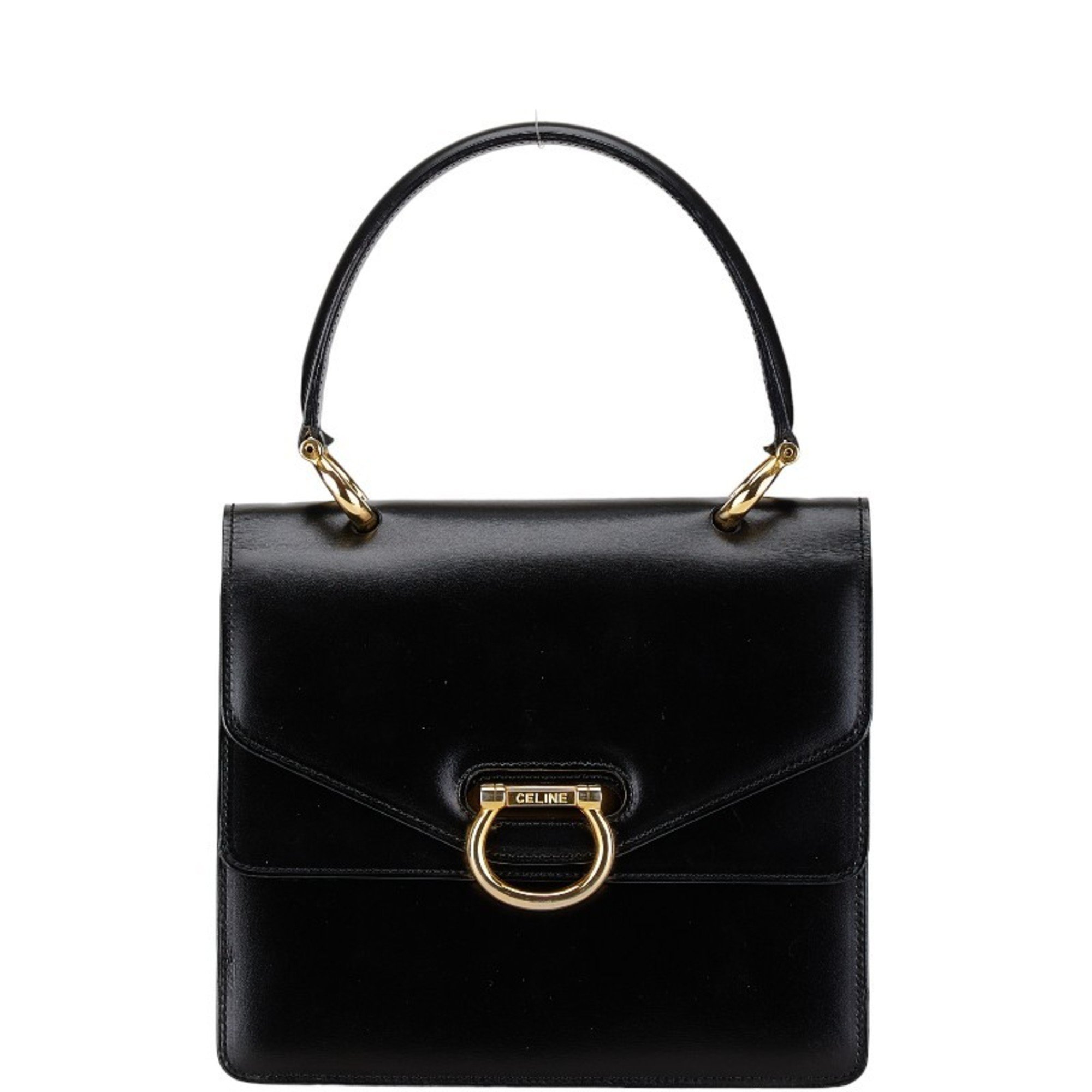 CELINE Double Flap Handbag Black Leather Women's