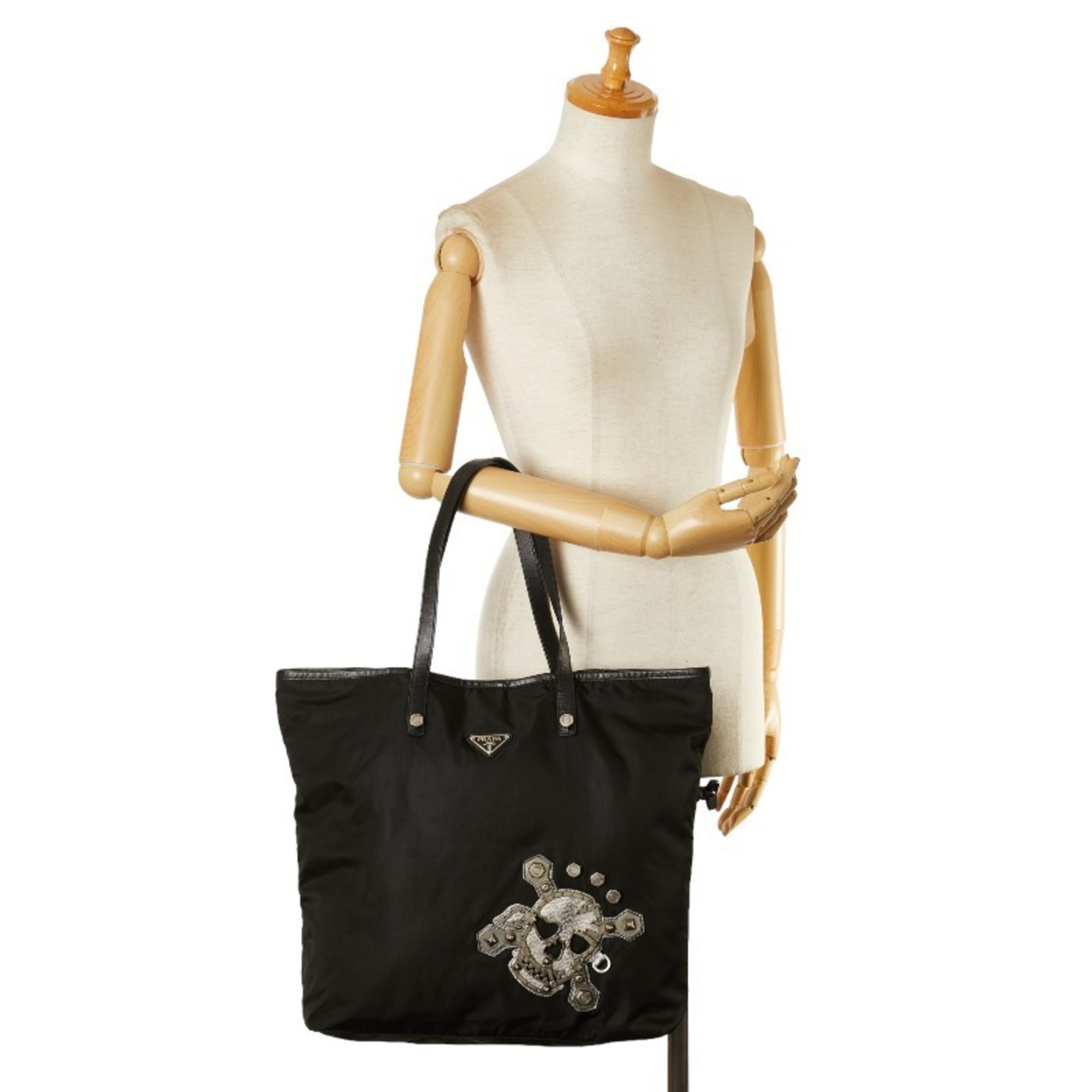 Prada Triangle Plate Metal Skull Tote Bag Shoulder Black Nylon Saffiano Leather Women's PRADA