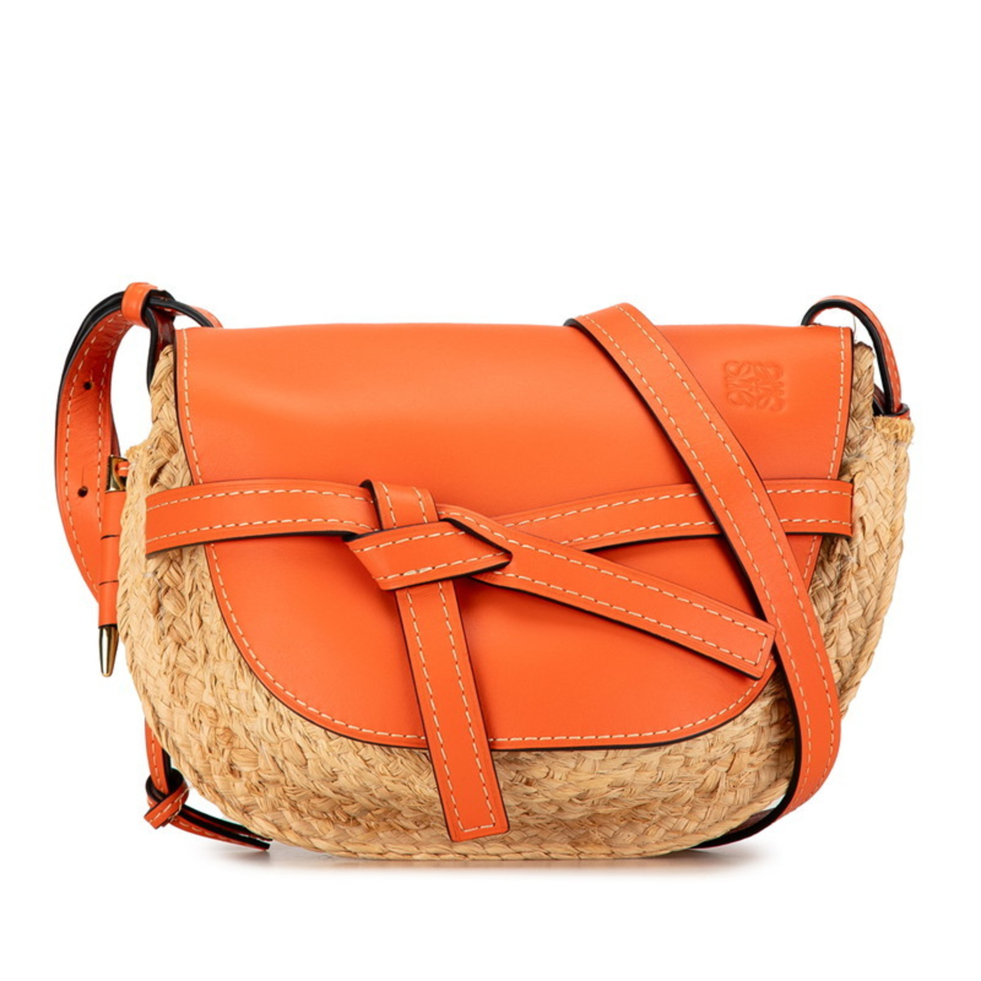 LOEWE Anagram Gate Shoulder Bag Beige Orange Raffia Leather Women's