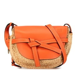 LOEWE Anagram Gate Shoulder Bag Beige Orange Raffia Leather Women's