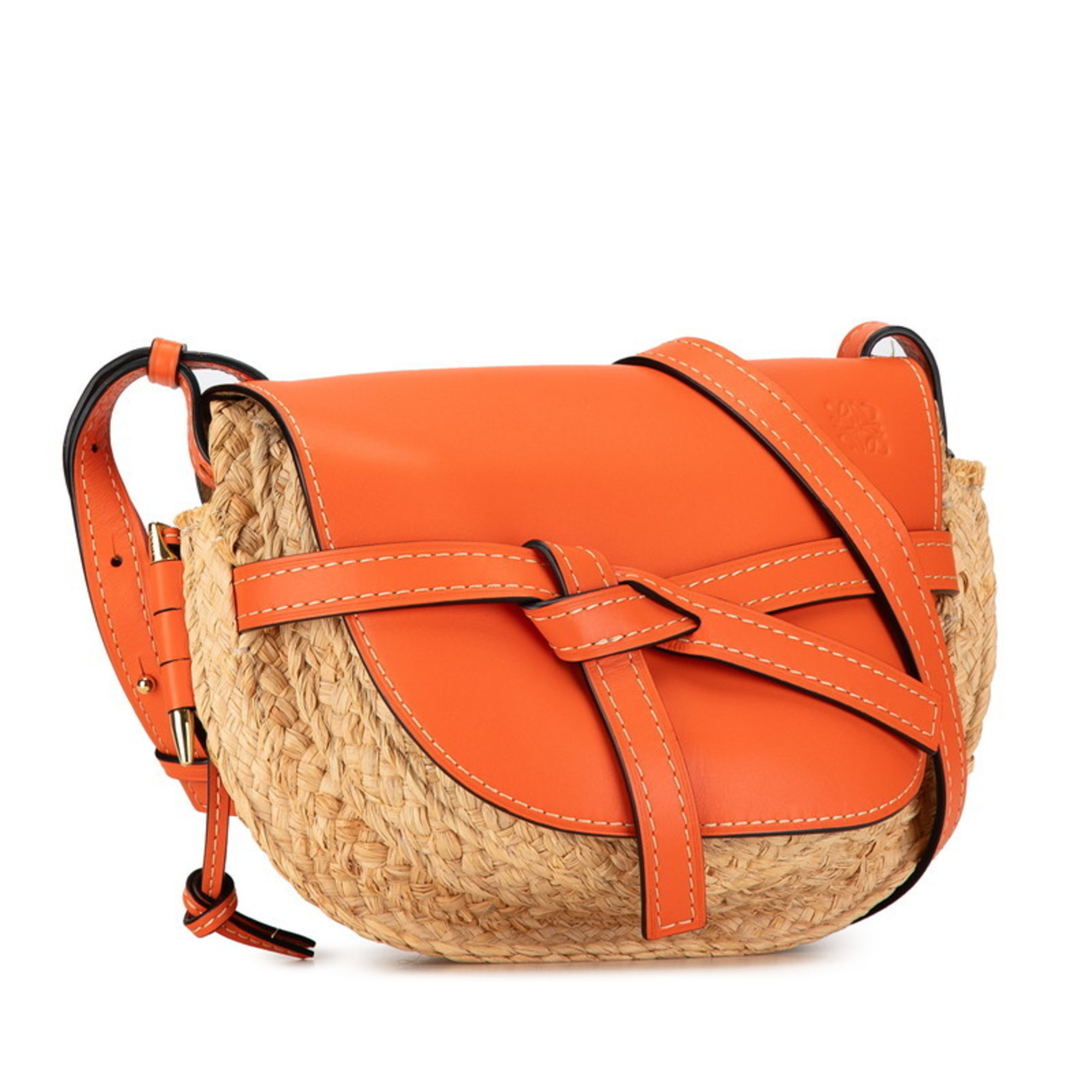 LOEWE Anagram Gate Shoulder Bag Beige Orange Raffia Leather Women's