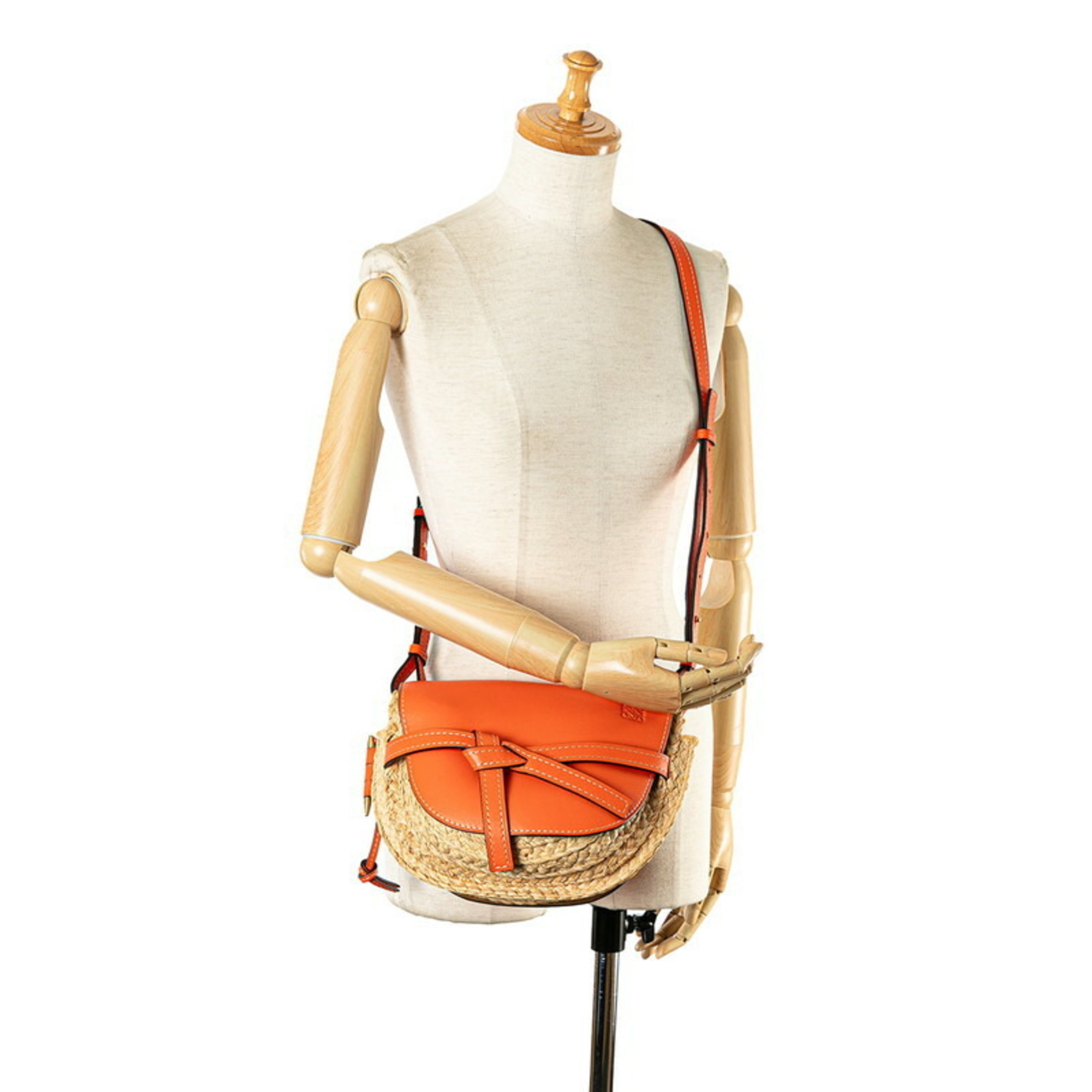 LOEWE Anagram Gate Shoulder Bag Beige Orange Raffia Leather Women's