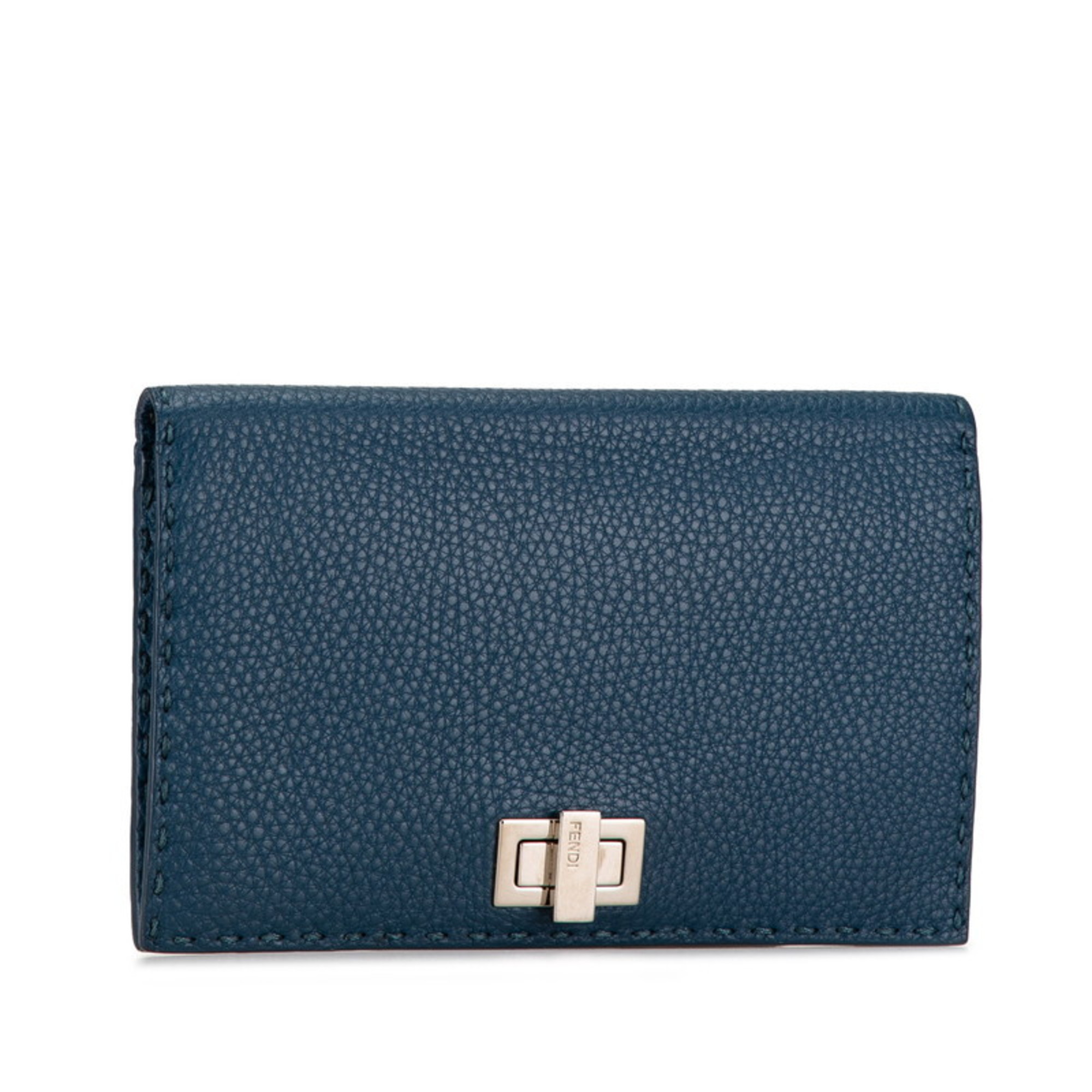 FENDI Peekaboo Selleria Long Wallet Billfold Blue Leather Women's