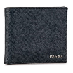 PRADA Bi-fold Compact Wallet Navy Leather Women's