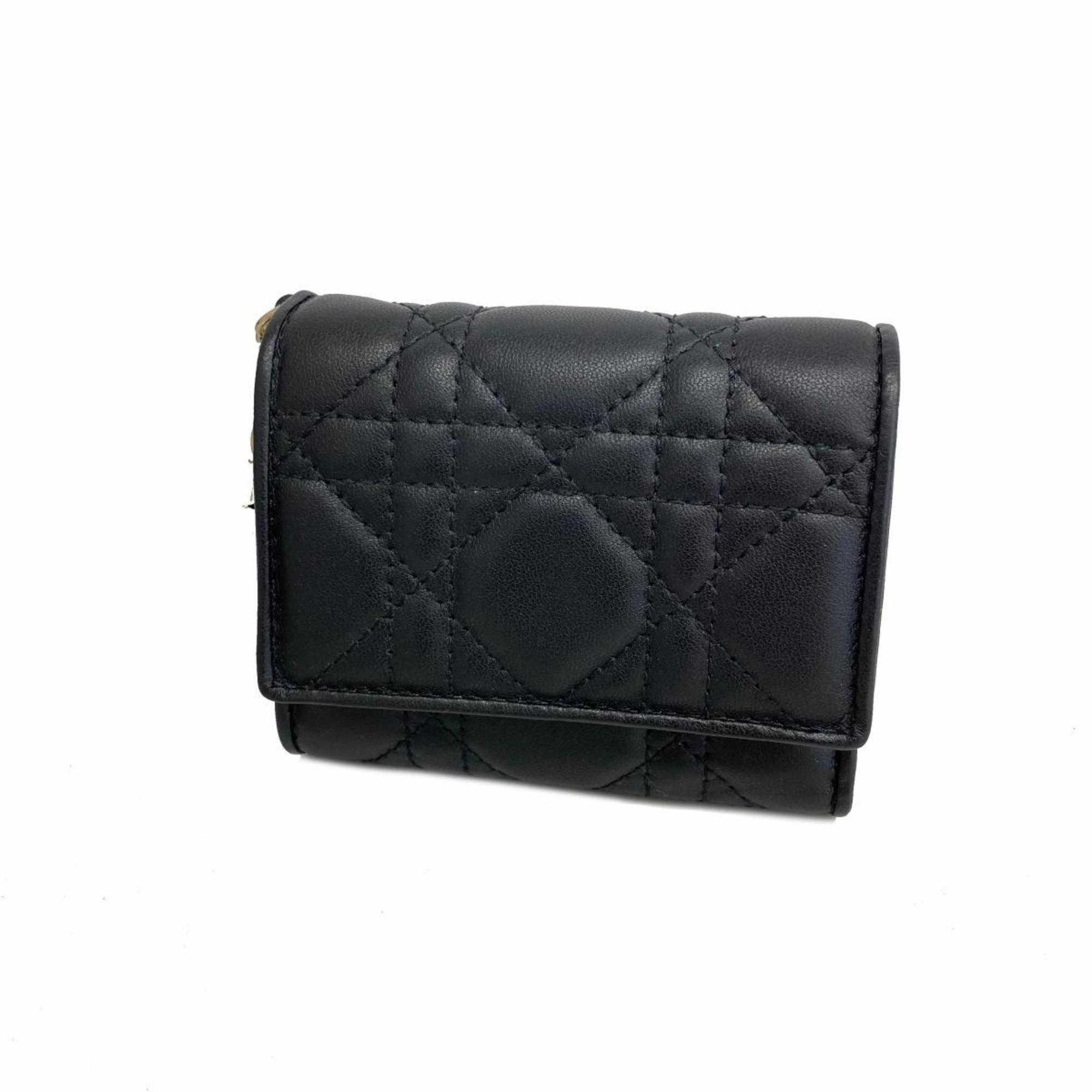 Christian Dior Tri-fold Wallet Cannage Leather Black Champagne Women's