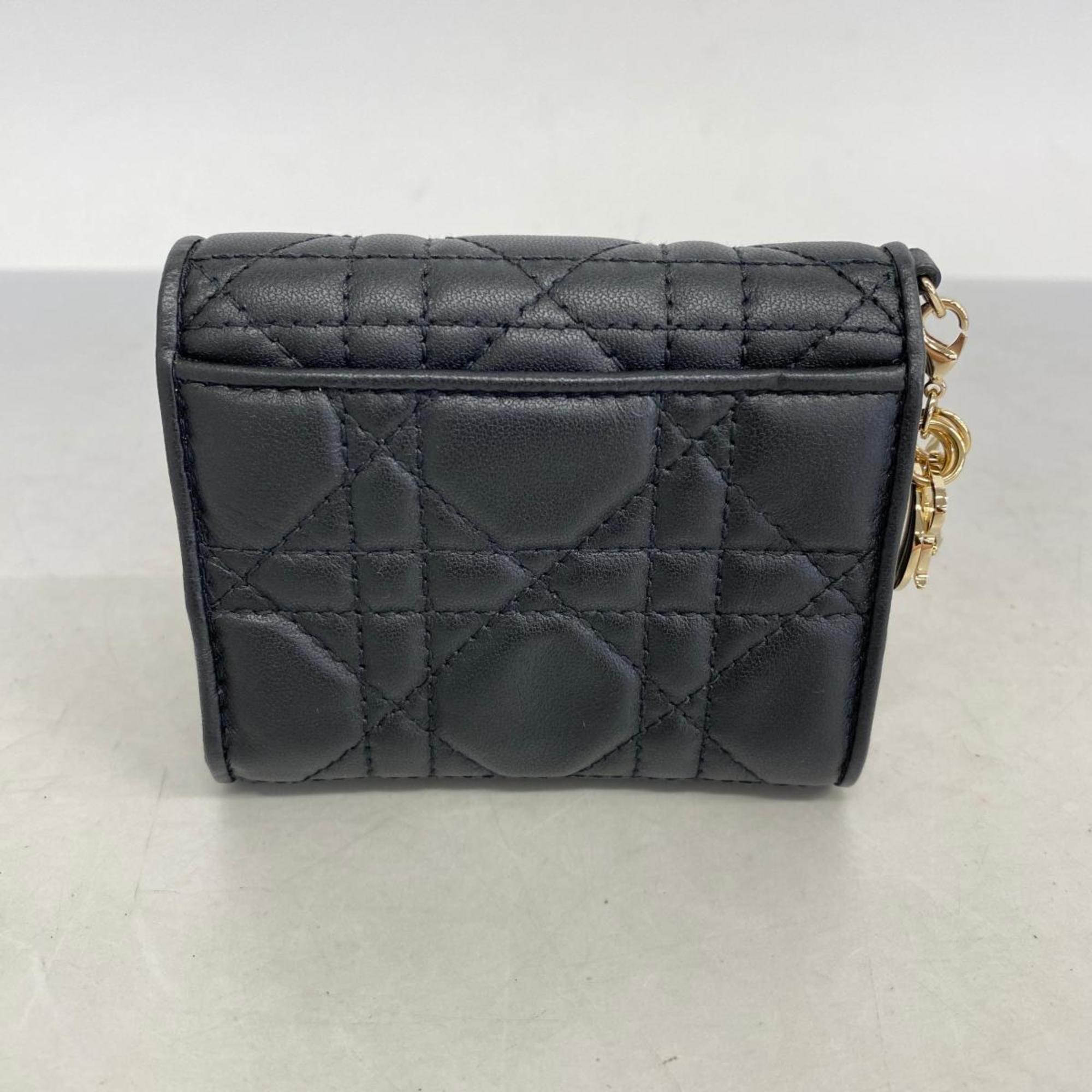 Christian Dior Tri-fold Wallet Cannage Leather Black Champagne Women's