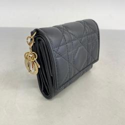 Christian Dior Tri-fold Wallet Cannage Leather Black Champagne Women's