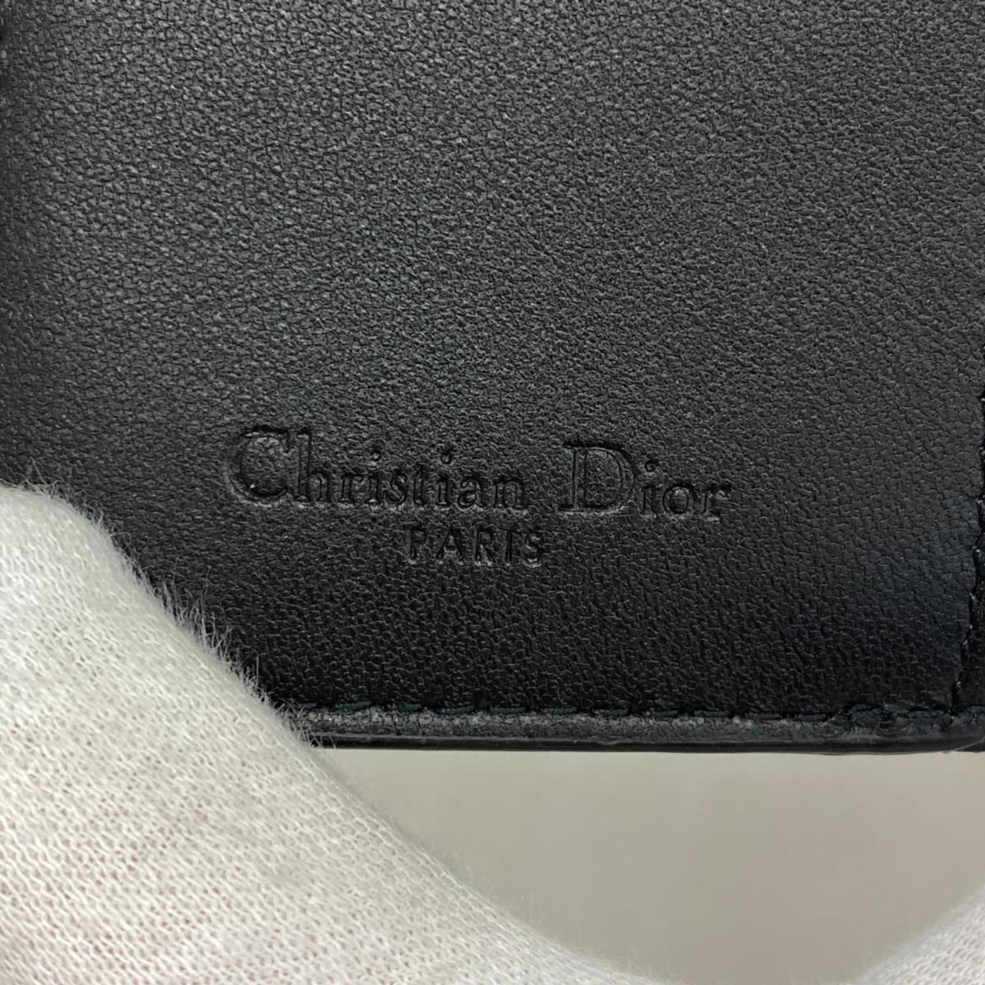 Christian Dior Tri-fold Wallet Cannage Leather Black Champagne Women's