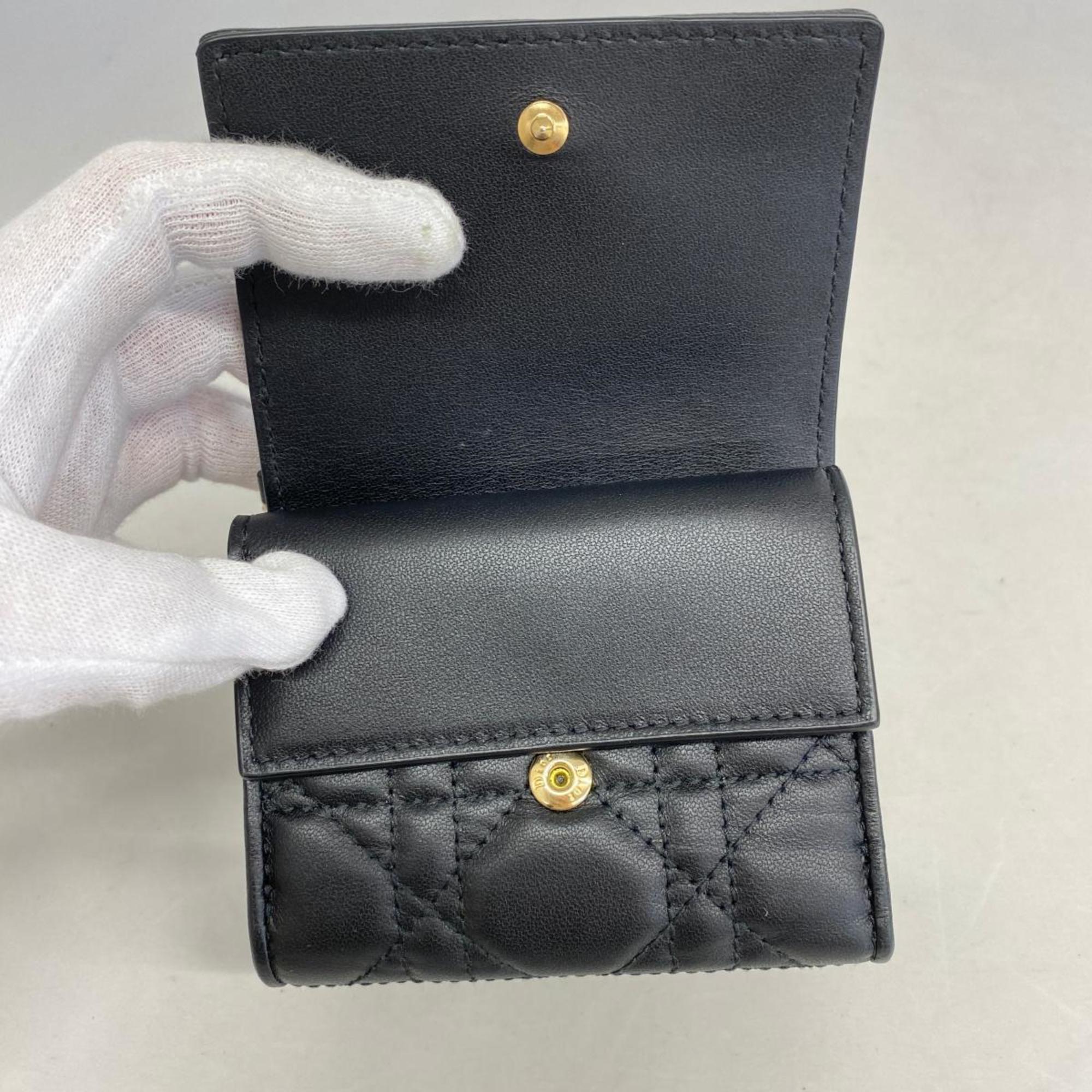 Christian Dior Tri-fold Wallet Cannage Leather Black Champagne Women's