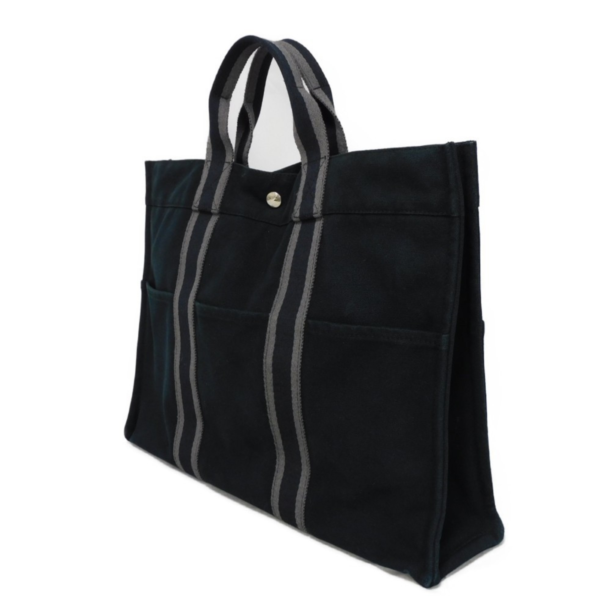 Hermes HERMES Tote Bag Foultou MM Black Gray Stripe Bicolor Handbag Serie Button Cotton Men's Women's